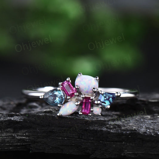 Cluster oval opal ring Personalized kite alexandrite ring 14k white gold baguette ruby ring women dainty unique wedding ring band gift