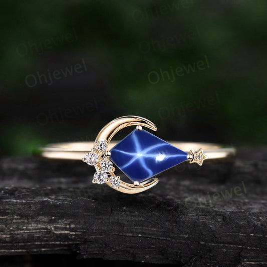 Kite blue star sapphire ring vintage cluster diamond yellow gold east to west moon engagement ring gemstone unique anniversary ring women