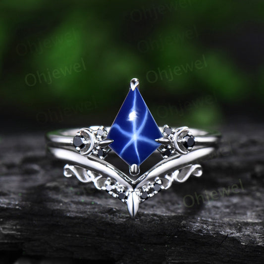 Moon black diamond ring vintage kite blue star sapphire engagement ring set 14k white gold retro unique anniversary wedding ring set women