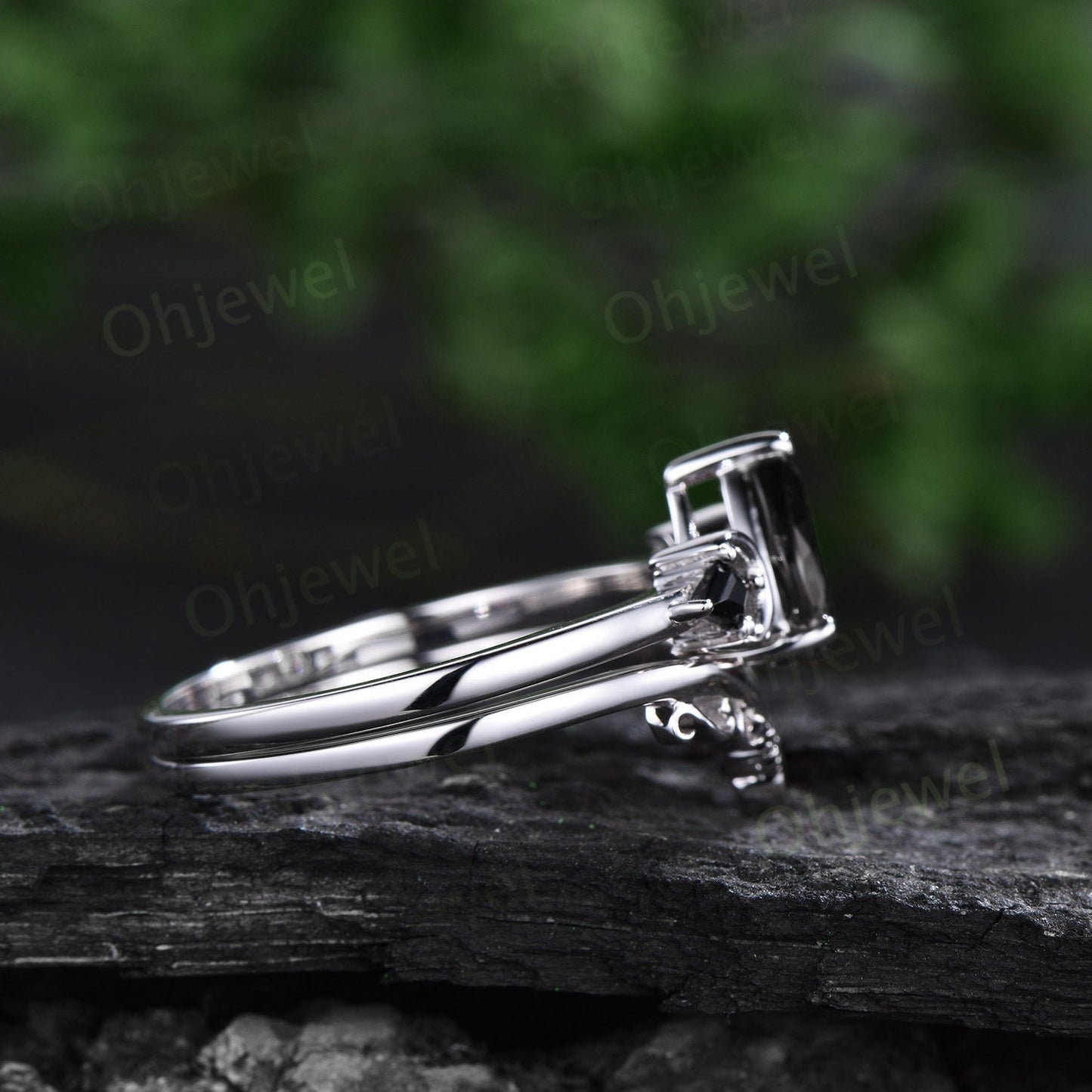 Pear shaped black onyx ring vintage three stone kite black spinel moon ring set white gold unique engagement ring antique bridal set women