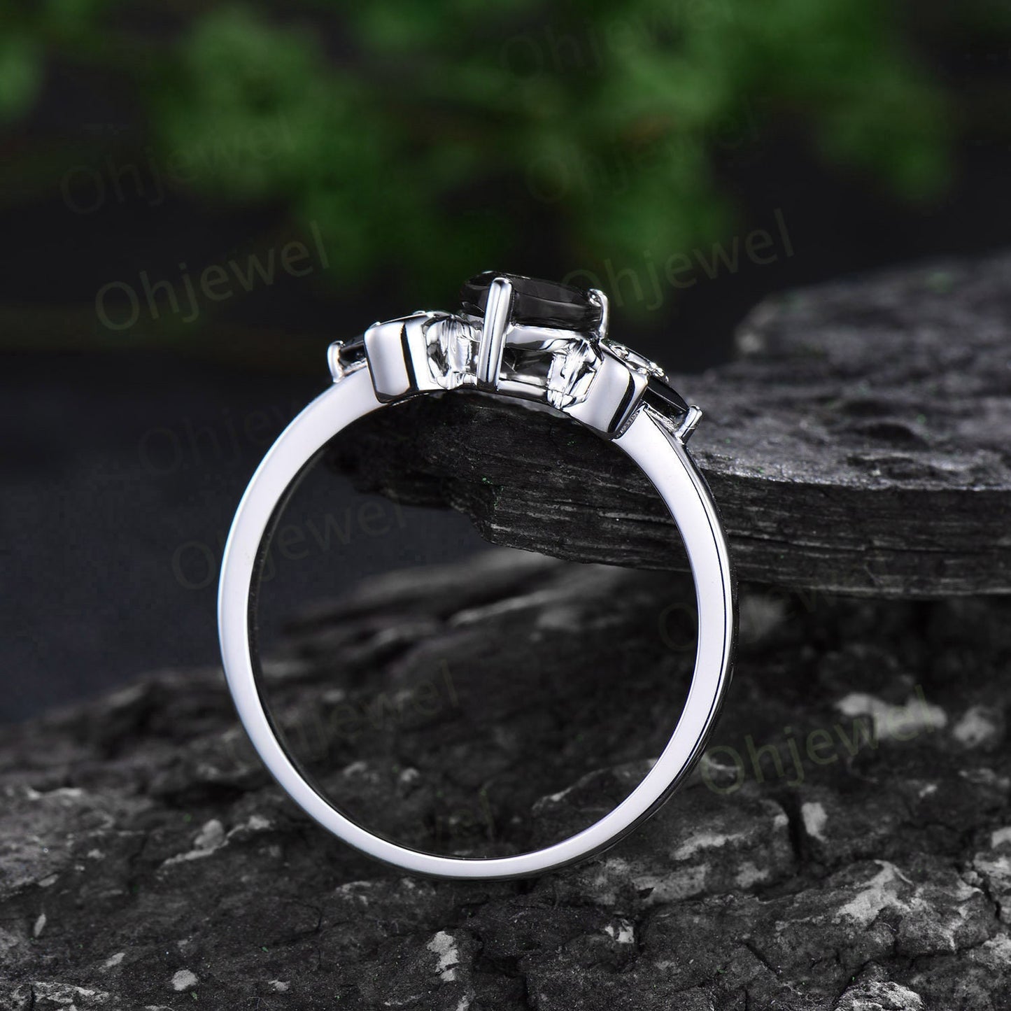Pear shaped black onyx ring vintage three stone kite black spinel moon ring set white gold unique engagement ring antique bridal set women