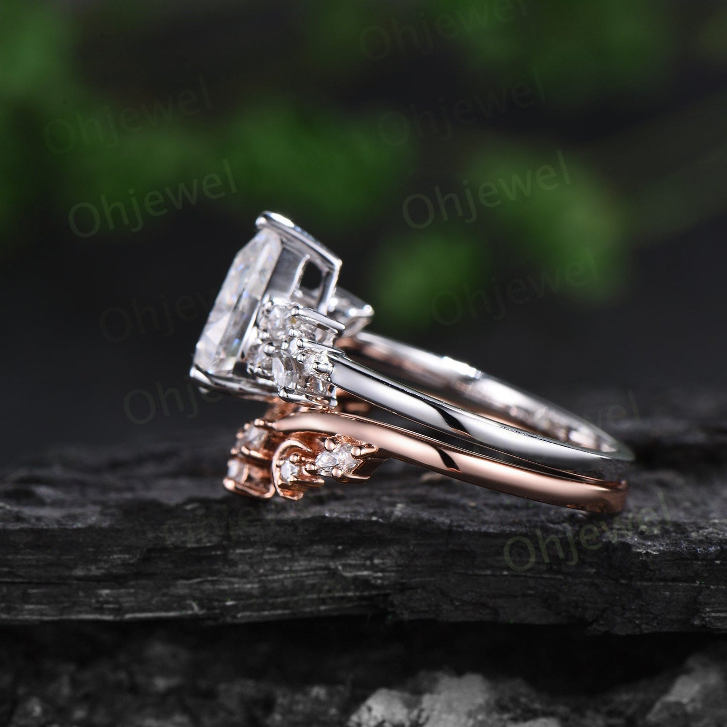 Pear moissanite engagement ring 14k white gold cluster snowdrift diamond ring vintage moon unique bridal wedding ring band set women