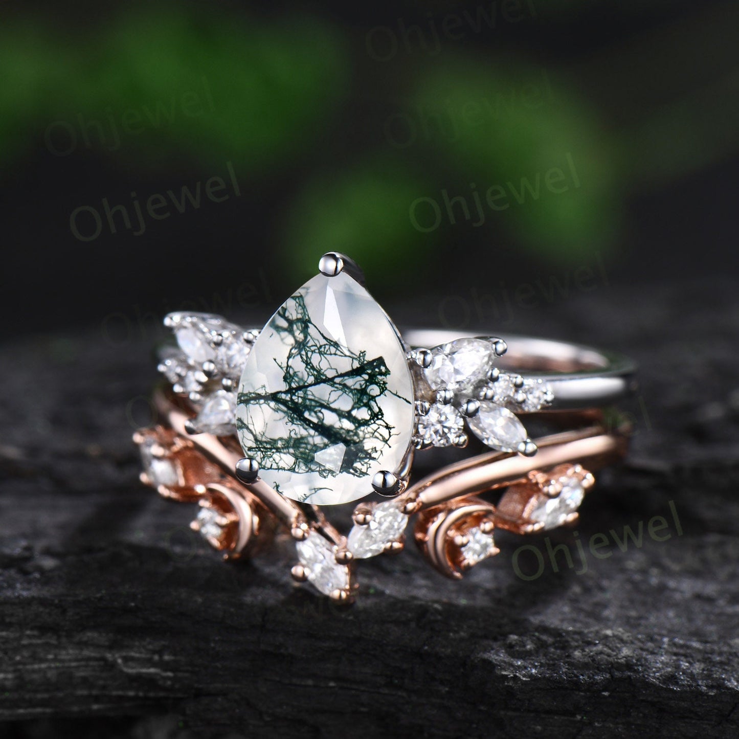 Pear moss agate engagement ring 14k white gold cluster snowdrift diamond ring vintage moon unique bridal wedding ring band set women gift