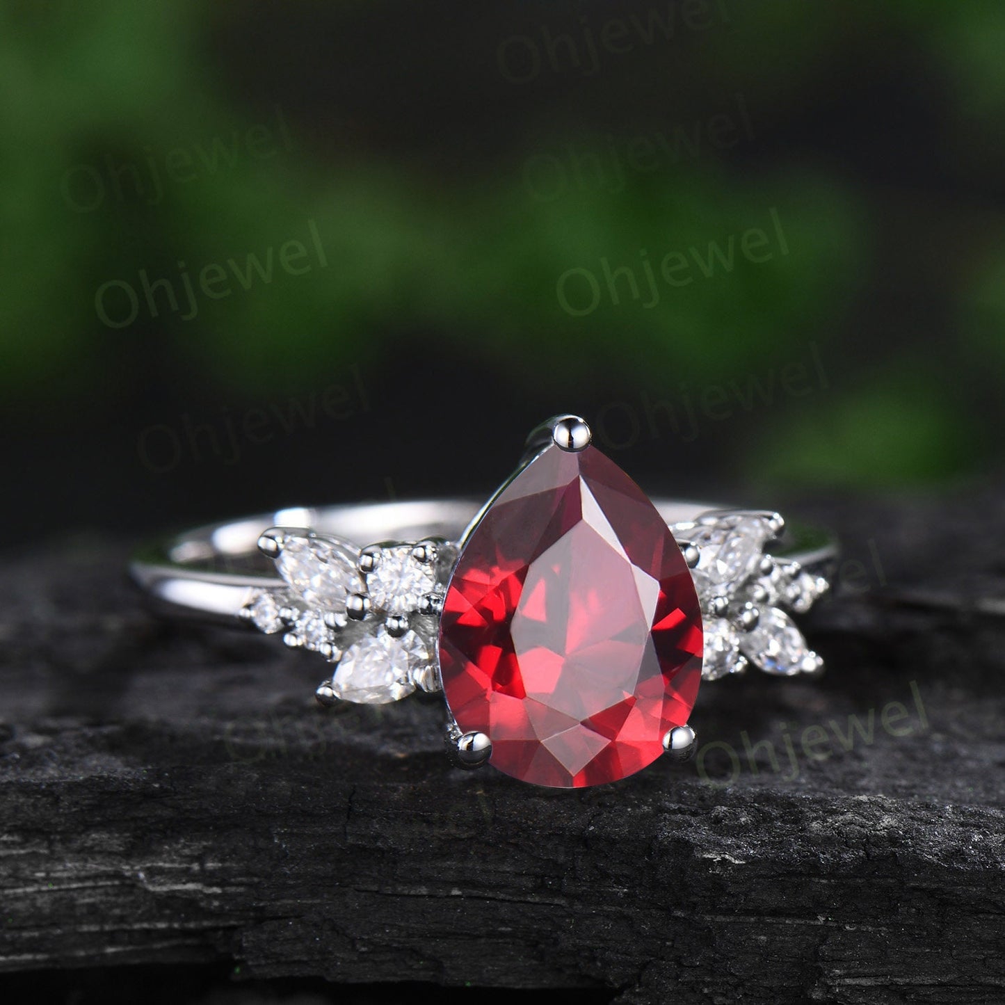 Pear cut red ruby engagement ring 14k white gold cluster snowdrift diamond ring vintage moon unique bridal wedding ring band set women gift