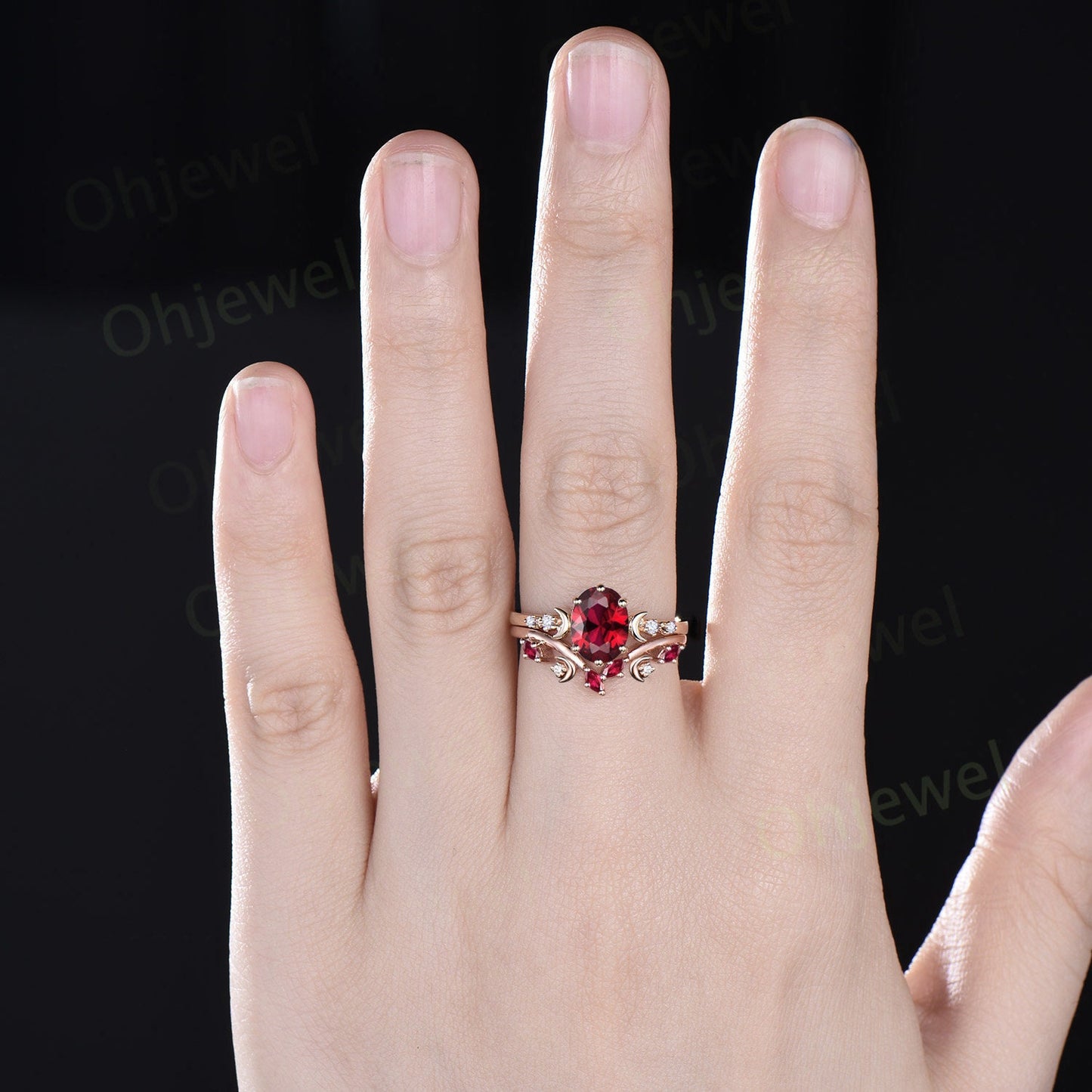 Vintage oval cut ruby engagement ring solid 14k yellow gold art deco five stone moon diamond ring women unique wedding anniversary ring gift