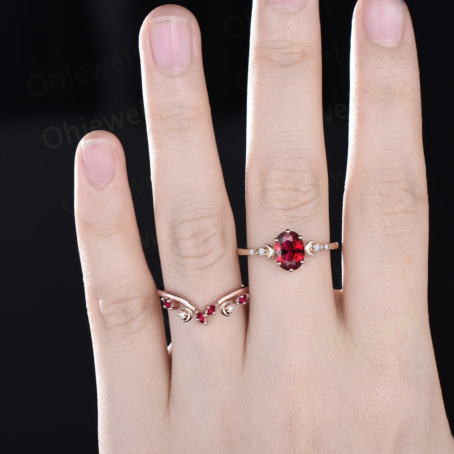 Vintage oval cut ruby engagement ring solid 14k yellow gold art deco five stone moon diamond ring women unique wedding anniversary ring gift