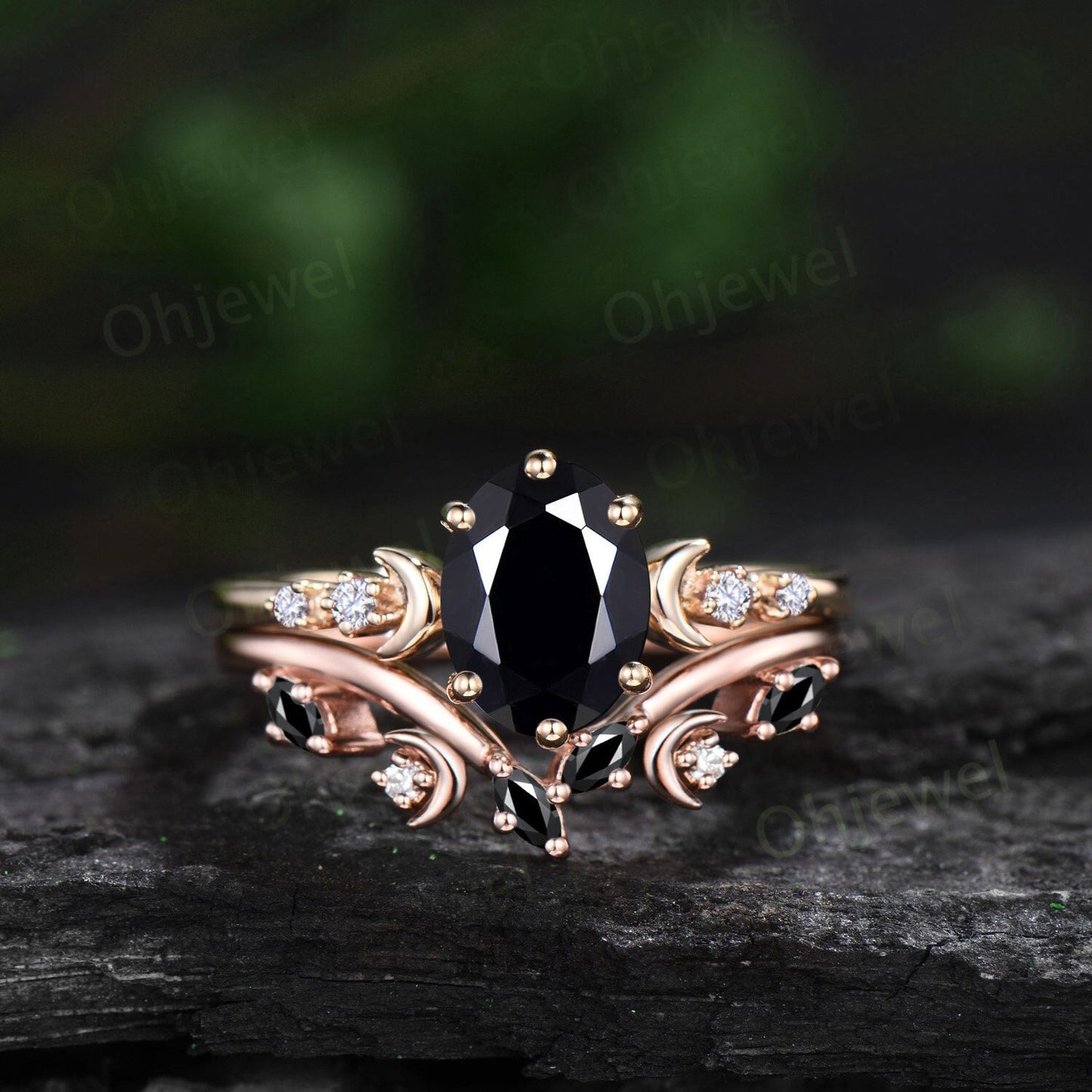 Vintage oval cut black onyx engagement ring solid 14k yellow gold art deco moon diamond ring women unique wedding anniversary ring gift