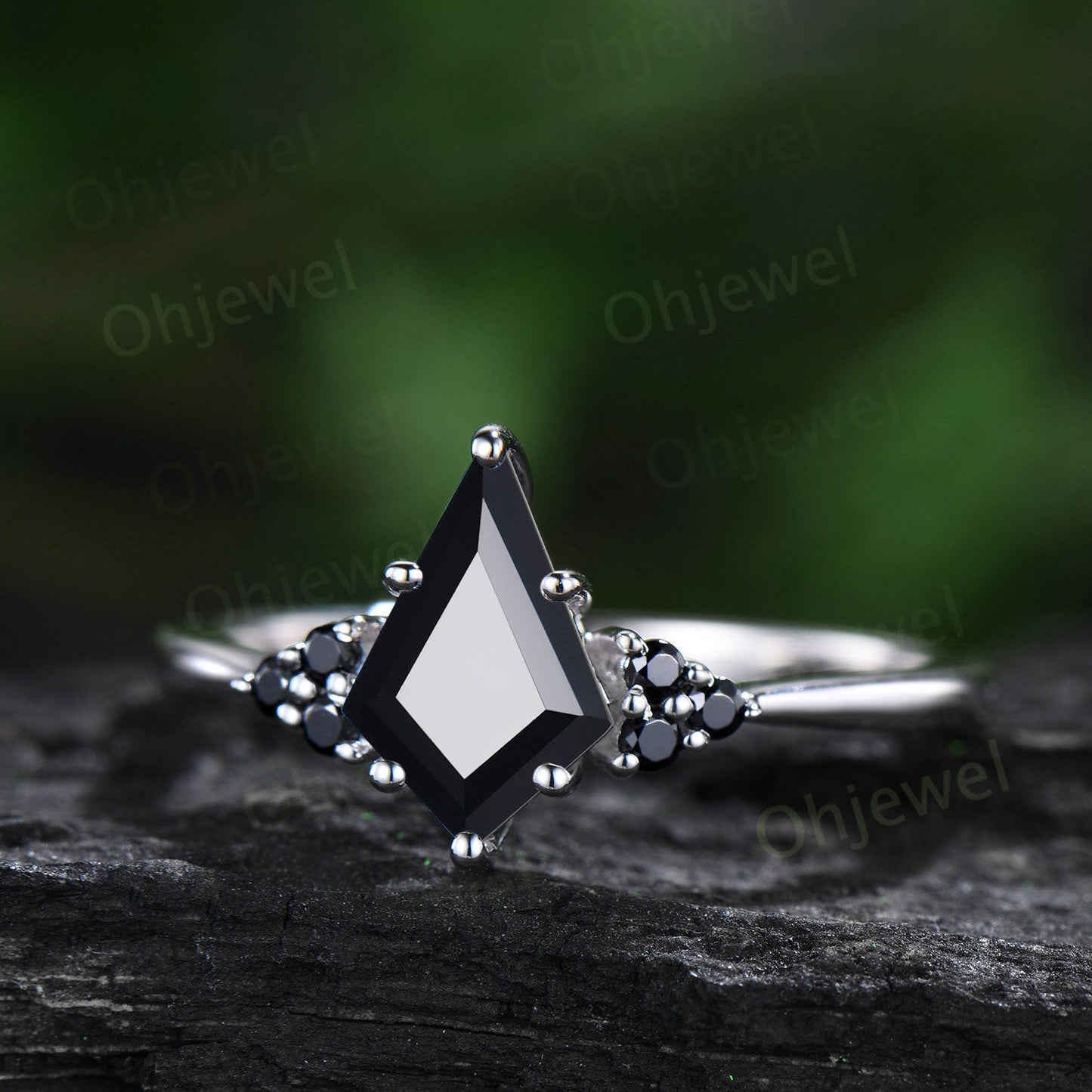 Unique kite cut black onyx engagement ring solid 14k white gold black spinel moissanite Personalized promise anniversary ring women