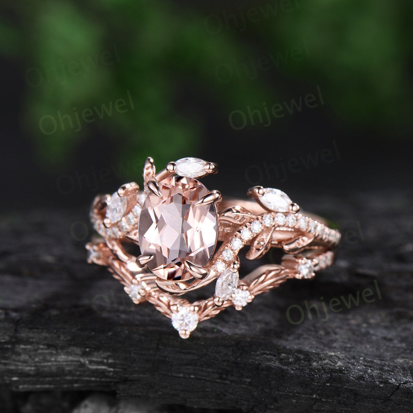 Unique oval cut morganite engagement ring rose gold vintage cluster leaf half eternity twisted diamond wedding bridal ring set women gift
