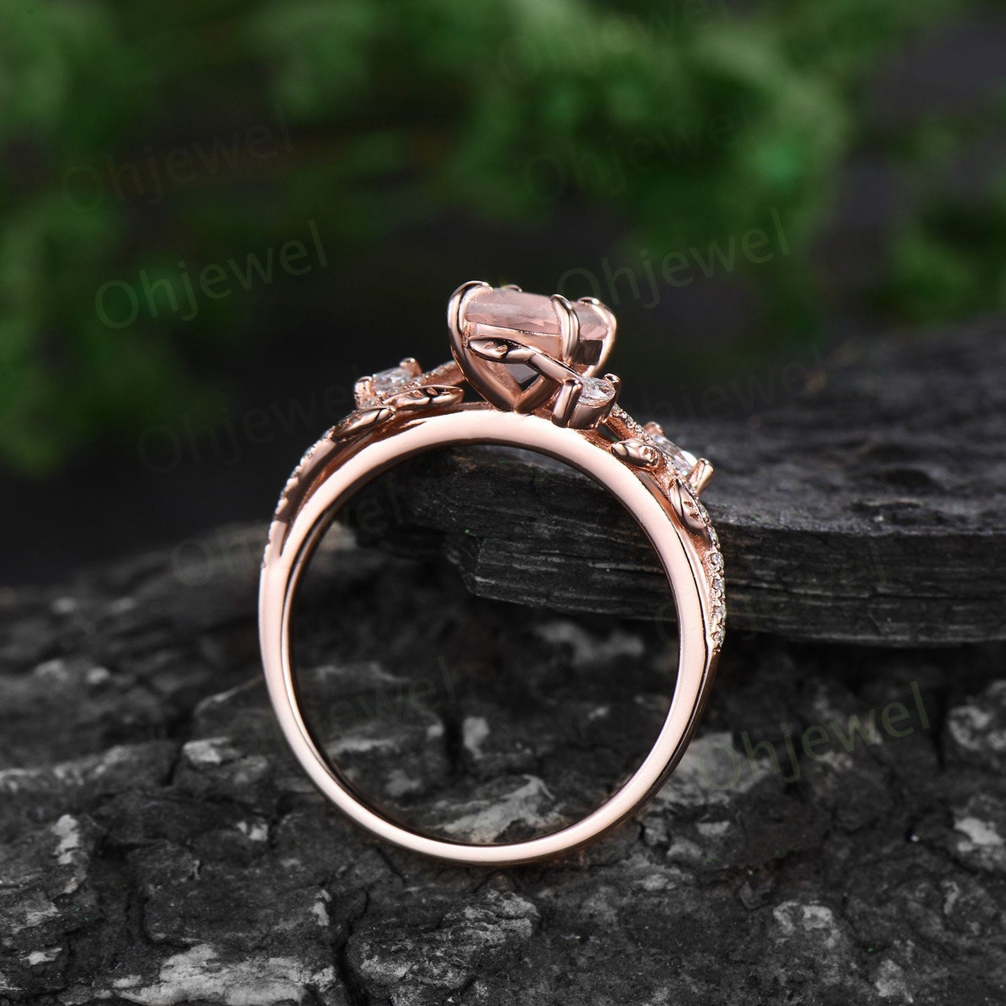 Unique oval cut morganite engagement ring rose gold vintage cluster leaf half eternity twisted diamond wedding bridal ring set women gift