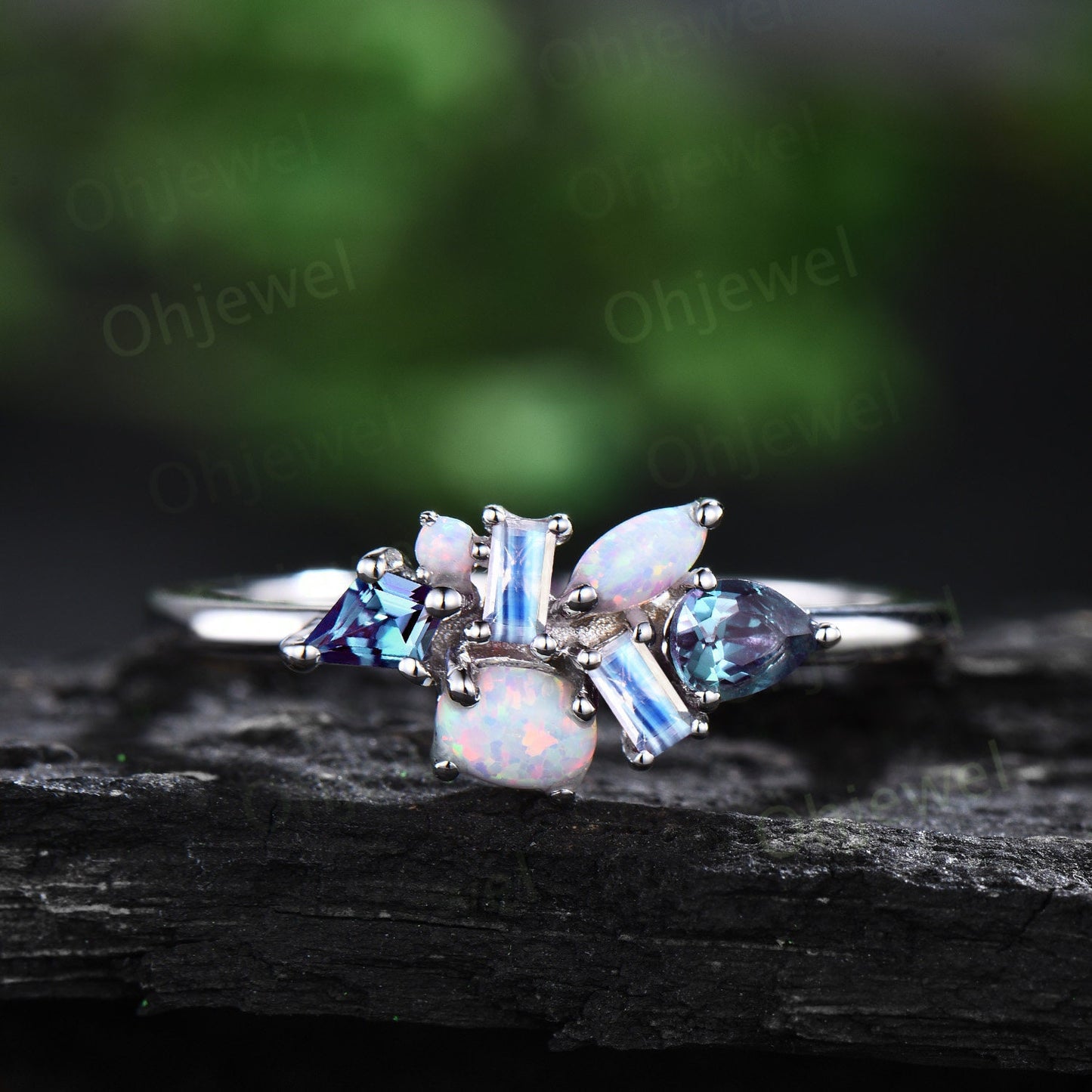 Dainty baguette cut moonstone ring vintage opal ring 14k white gold pear kite alexandrite ring women wedding ring band anniversary gift
