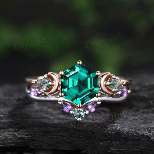 Vintage Hexagon cut green emerald engagement ring moon three stone kite moss agate ring amethyst wedding ring band stacking bridal set women