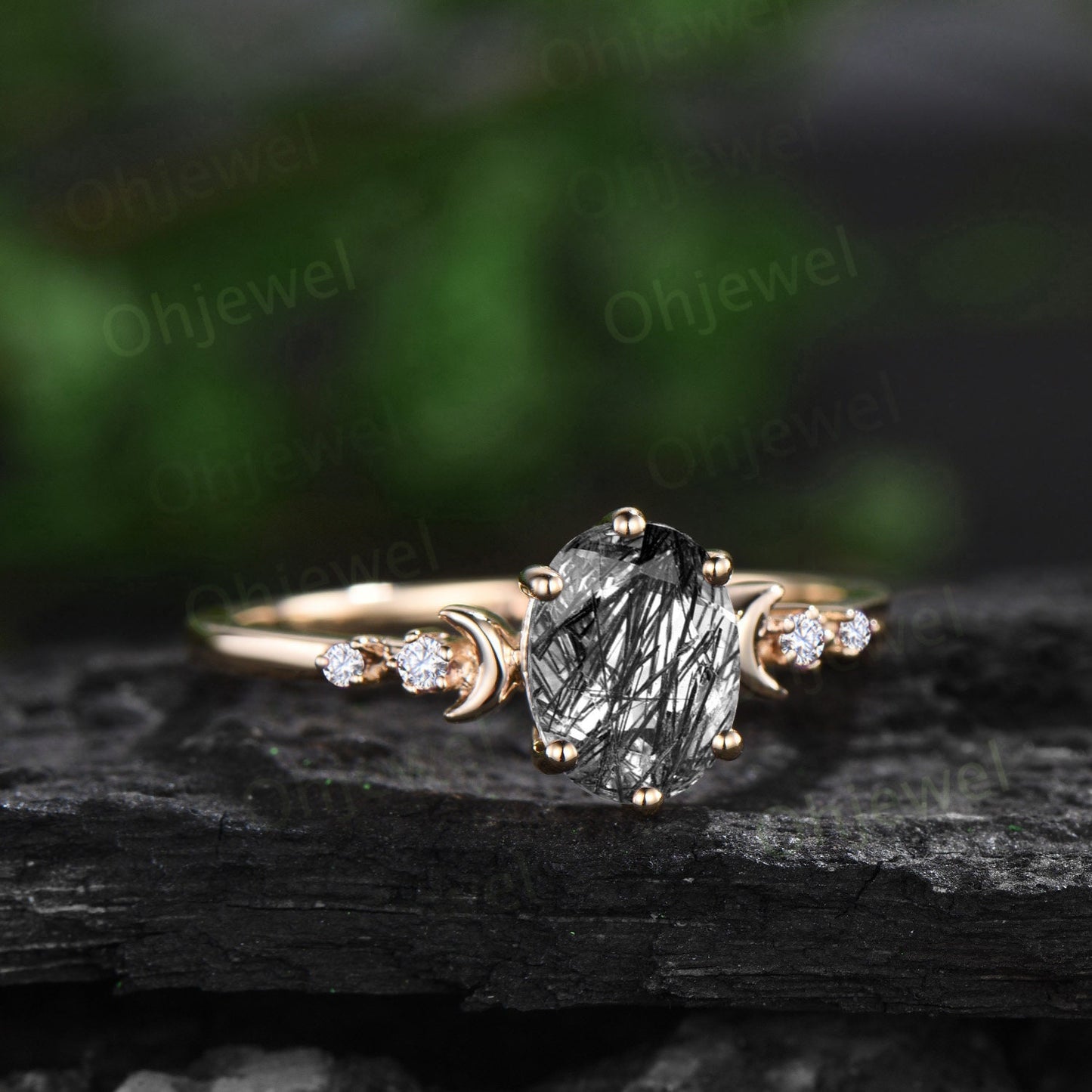 Vintage oval black rutilated quartz engagement ring solid 14k yellow gold art deco moon diamond ring women unique anniversary ring gift