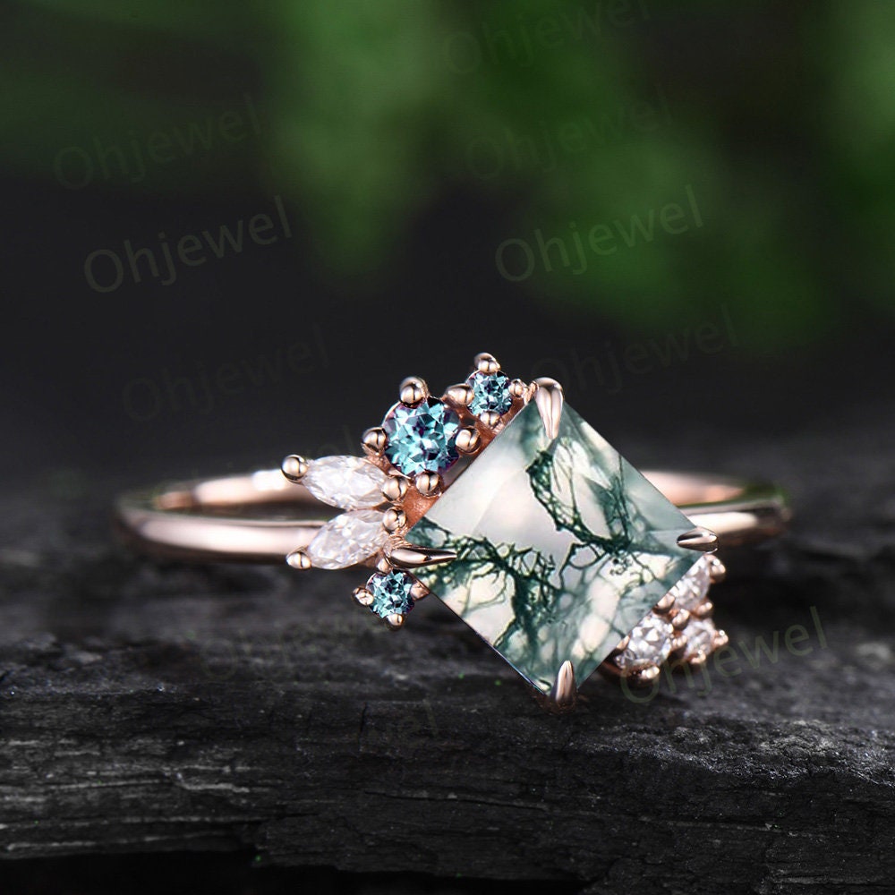Unique princess cut moss agate engagement ring solid 14k 18k rose gold cluster alexandrite diamond ring women vintage anniversary ring gift