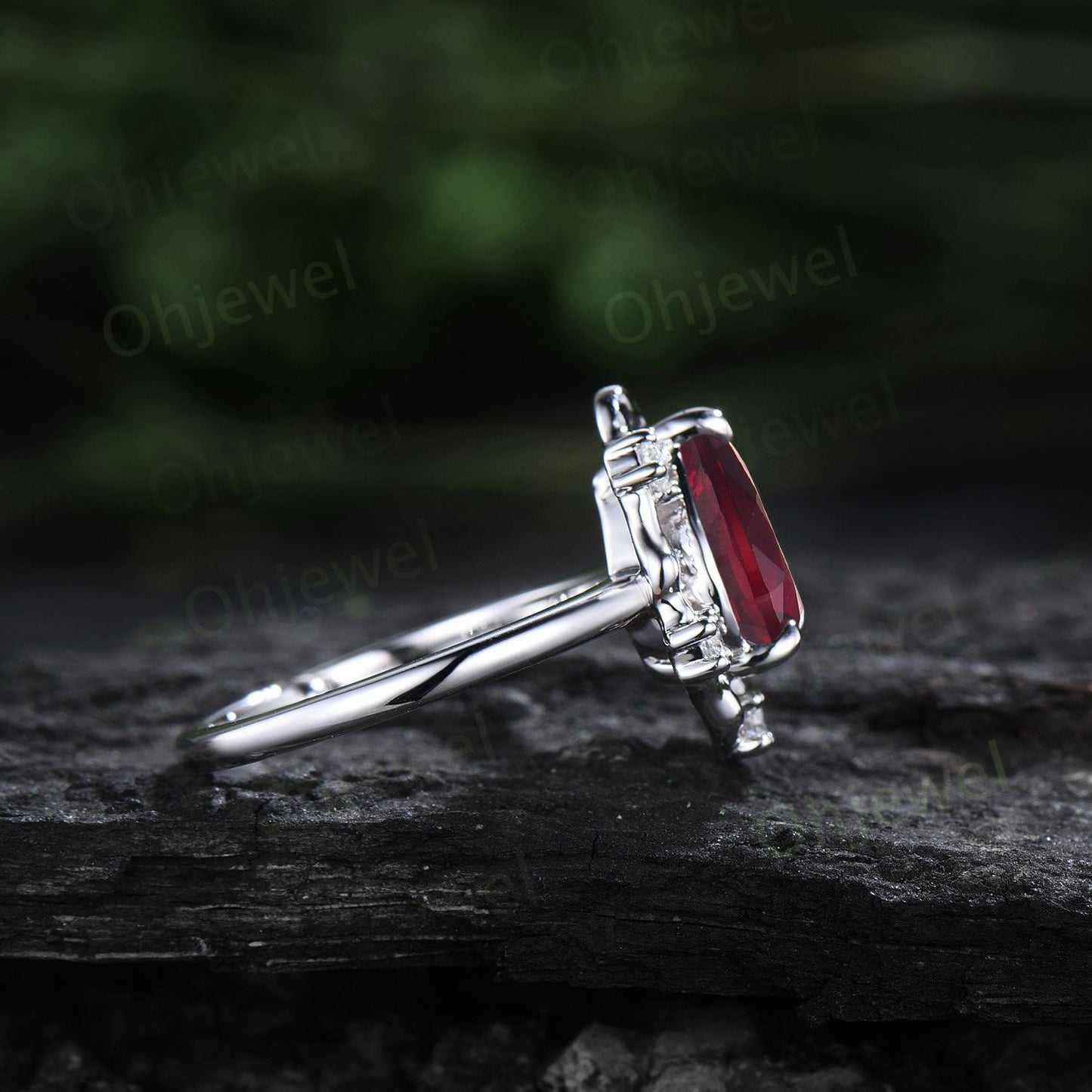 Vintage pear red ruby engagement ring leaf Nature inspired halo cluster diamond ring women white gold branch antique wedding ring gift