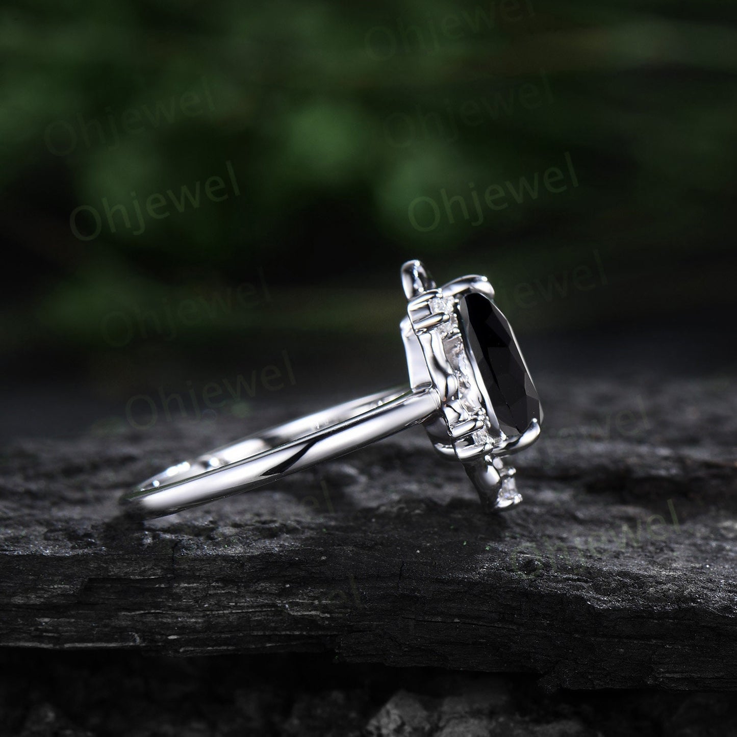 Vintage pear black onyx engagement ring leaf Nature inspired halo cluster diamond ring women 14k white gold branch anniversary ring gift