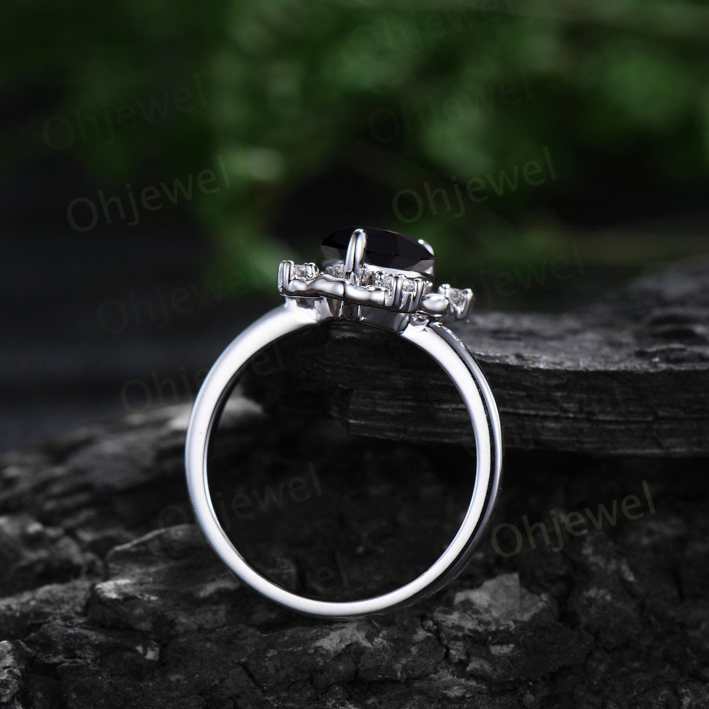 Vintage pear black onyx engagement ring leaf Nature inspired halo cluster diamond ring women 14k white gold branch anniversary ring gift