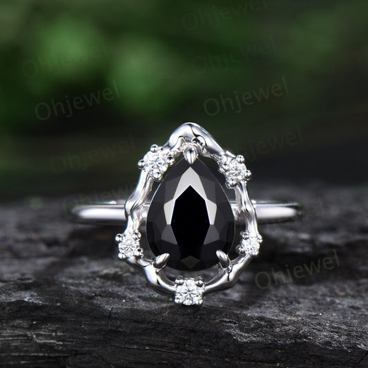 Vintage pear black onyx engagement ring leaf Nature inspired halo cluster diamond ring women 14k white gold branch anniversary ring gift