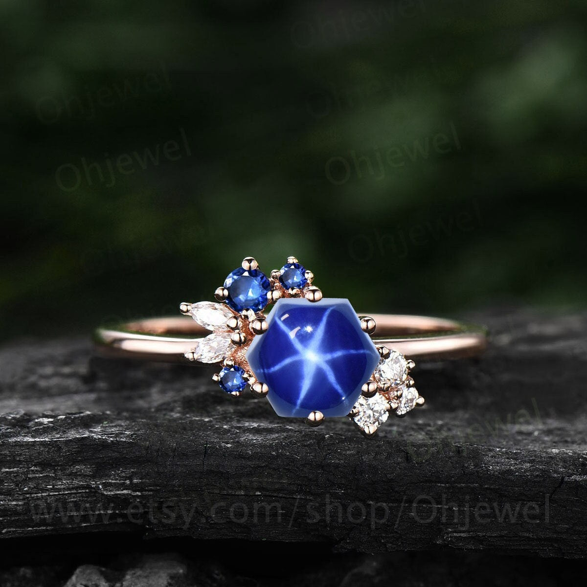 Hexagon blue star sapphire ring vintage unique cluster sapphire engagement ring rose gold dainty moissanite bridal anniversary ring gift
