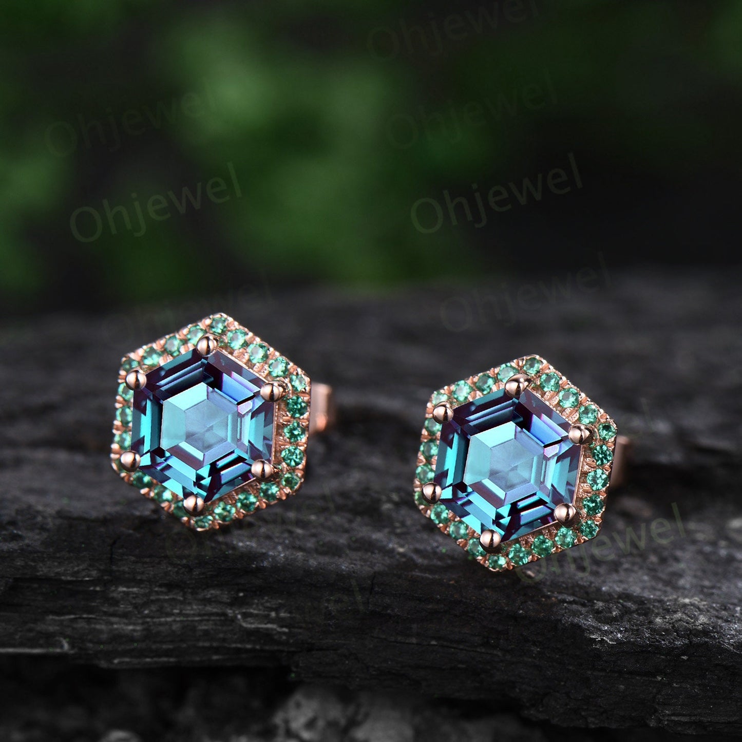 Vintage hexagon cut Alexandrite earrings solid 14k 18k rose gold unique 6 prong halo emerald stud earrings women wedding anniversary gift