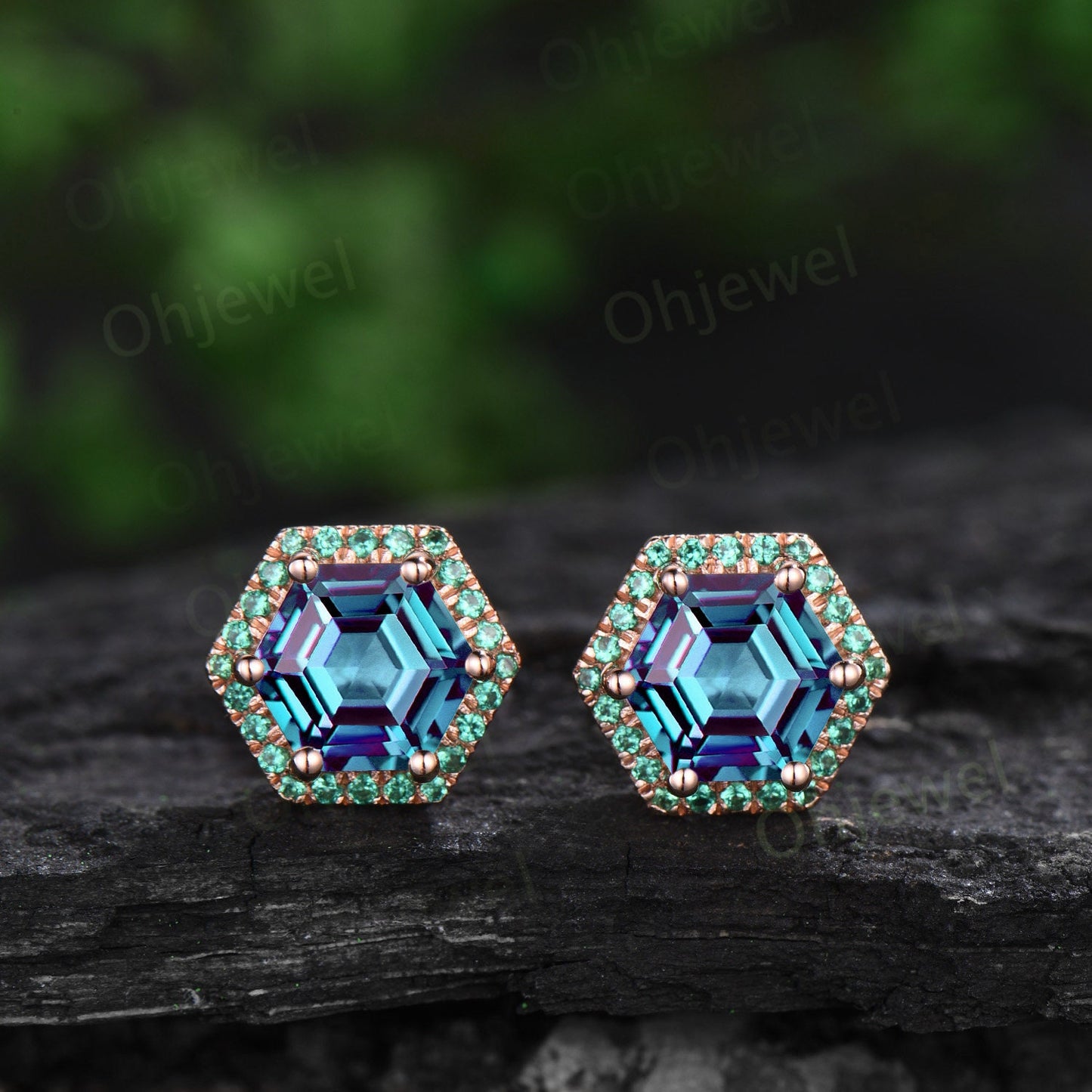 Vintage hexagon cut Alexandrite earrings solid 14k 18k rose gold unique 6 prong halo emerald stud earrings women wedding anniversary gift