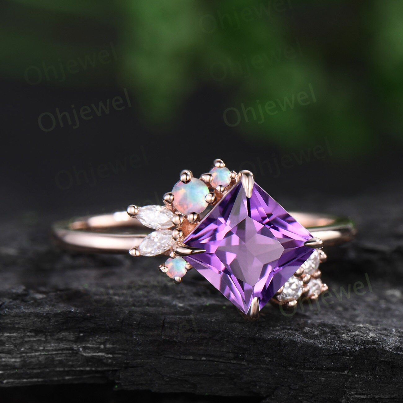 Unique princess cut purple amethyst engagement ring solid 14k 18k rose gold cluster diamond opal ring women vintage anniversary ring gift