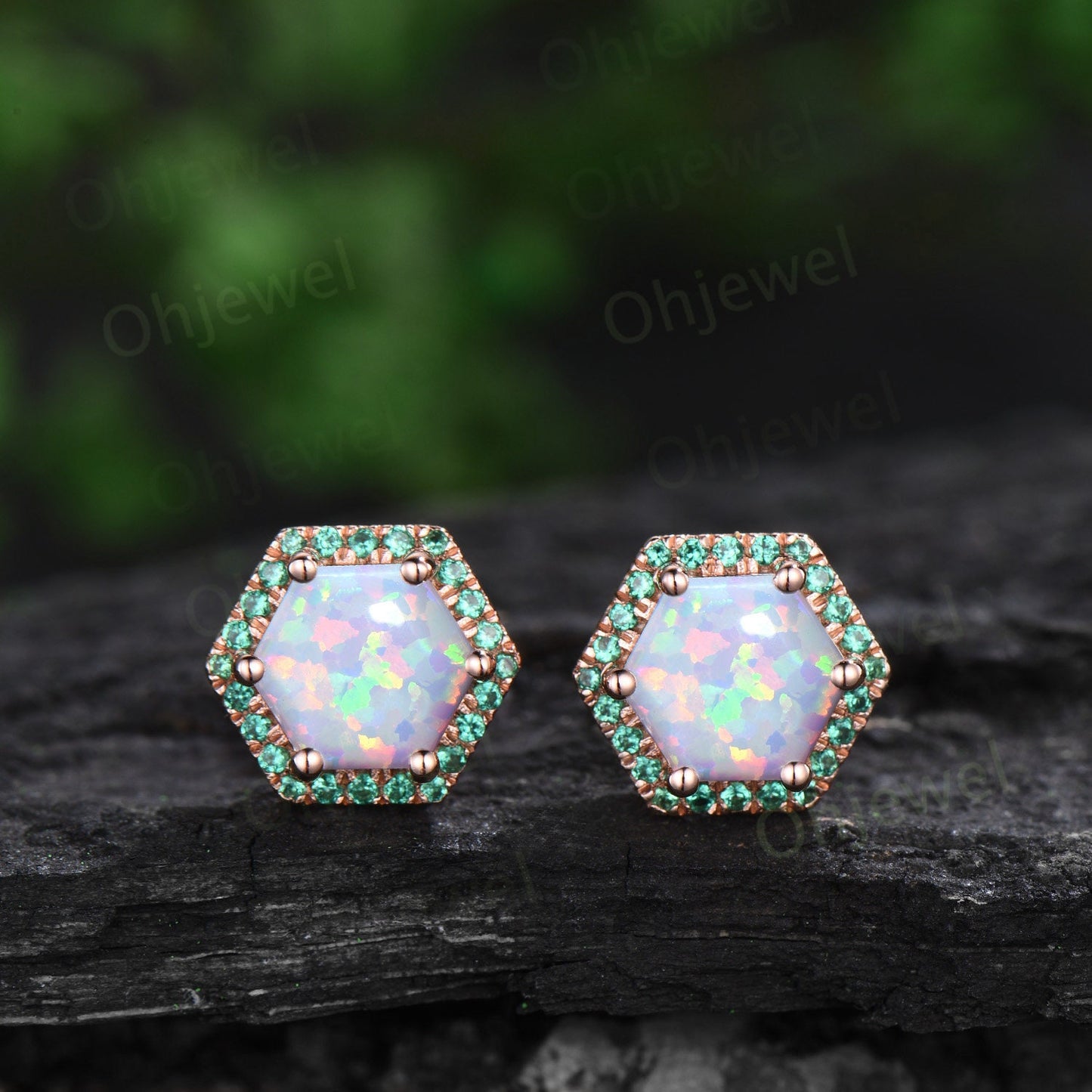 Hexagon white opal earrings solid 14k 18k rose gold October birthstone halo emerald stud earrings women dainty bridal anniversary gift