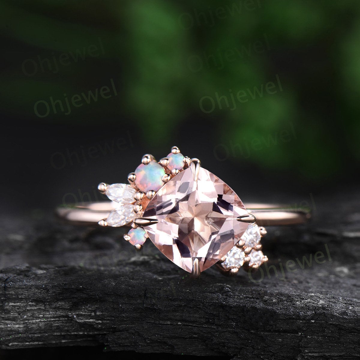 Cushion cut morganite engagement ring solid 14k rose gold snowdrift cluster diamond opal ring women vintage unique promise ring for her