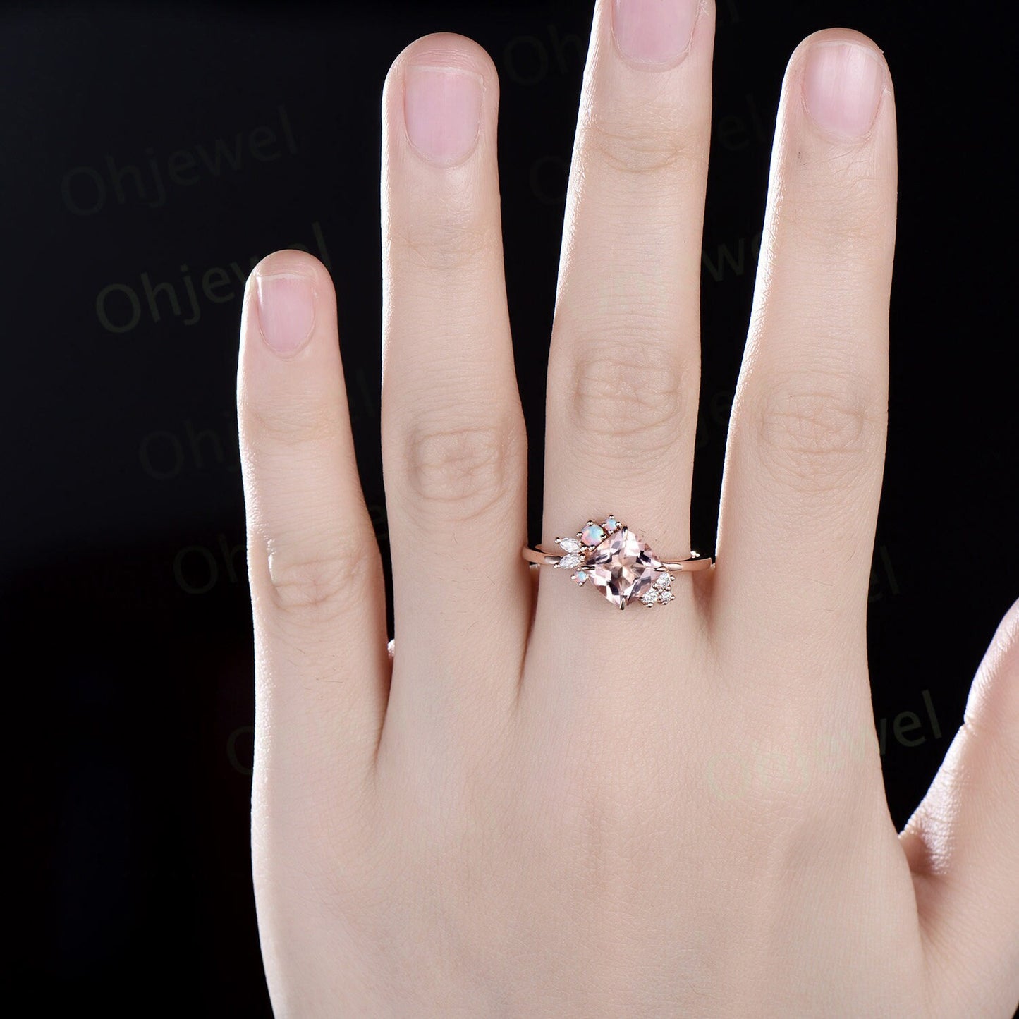 Cushion cut morganite engagement ring solid 14k rose gold snowdrift cluster diamond opal ring women vintage unique promise ring for her