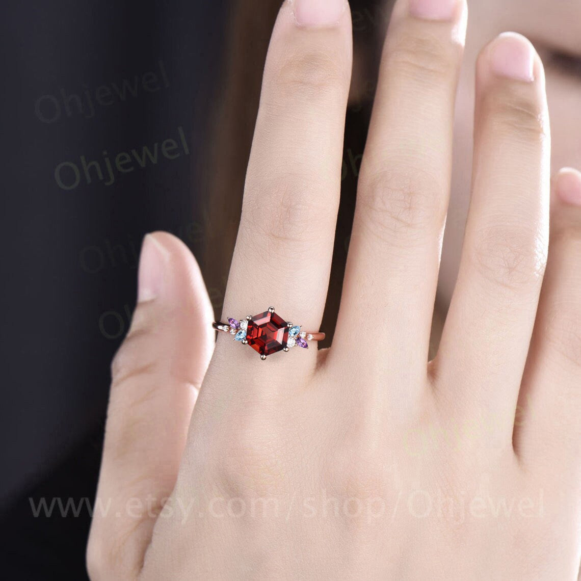 Hexagon cut red garnet engagement ring solid 14k rose gold 6 prong cluster snowdrift amethyst topaz ring vintage anniversary ring women