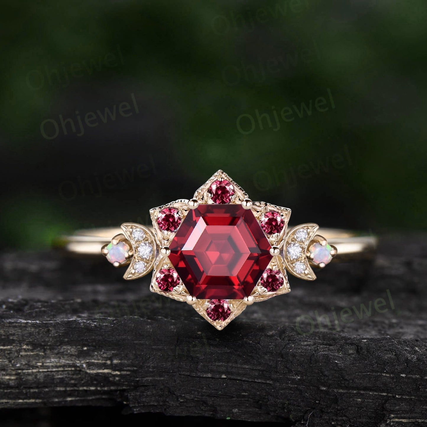 Vintage Hexagon cut red ruby engagement ring solid 14k yellow gold milgrain floral moon opal diamond ring women gemstone wedding ring gift