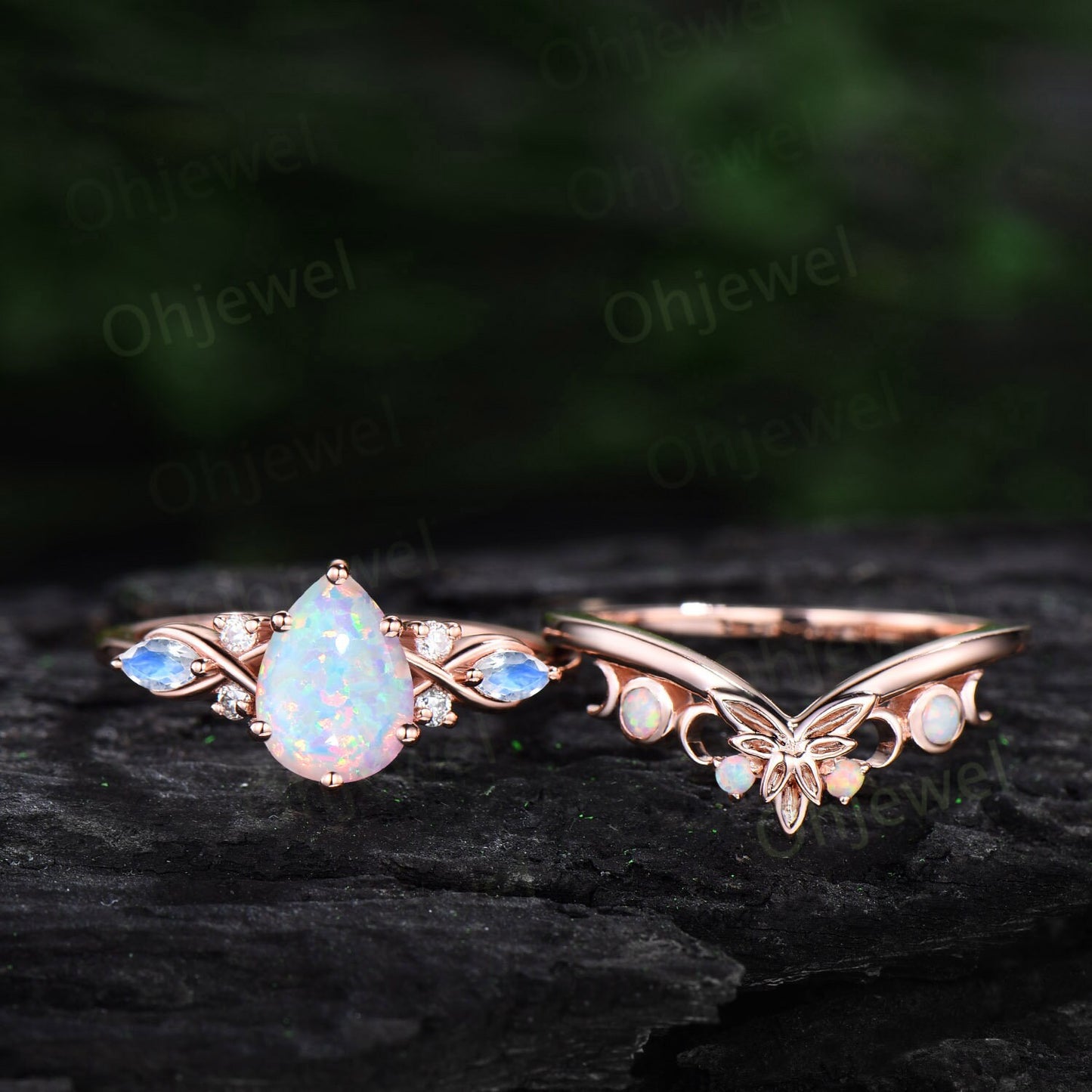 Pear shaped white opal ring vintage unique engagement ring art deco 14k rose gold leaf moonstone ring women twisted promise ring set gift