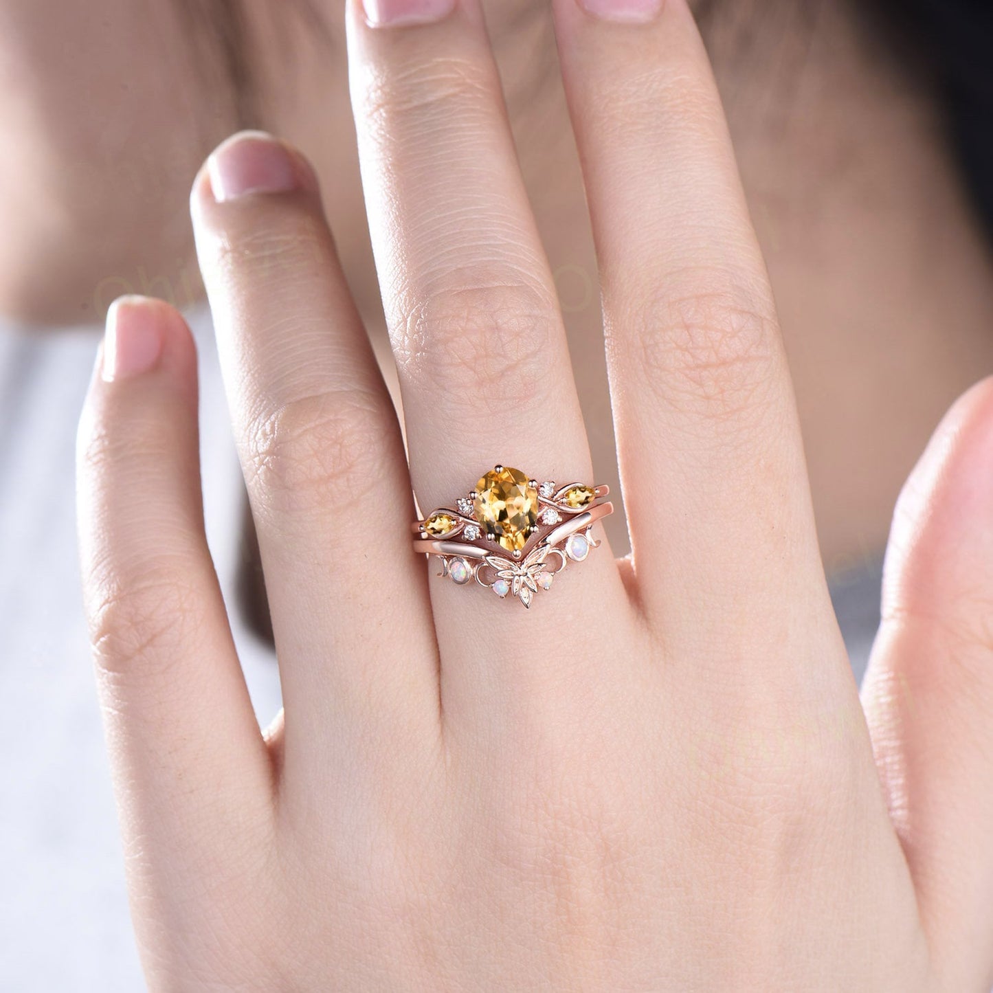 Pear shaped citrine ring vintage unique engagement ring art deco 14k yellow gold leaf opal ring women twisted wedding promise ring set gift
