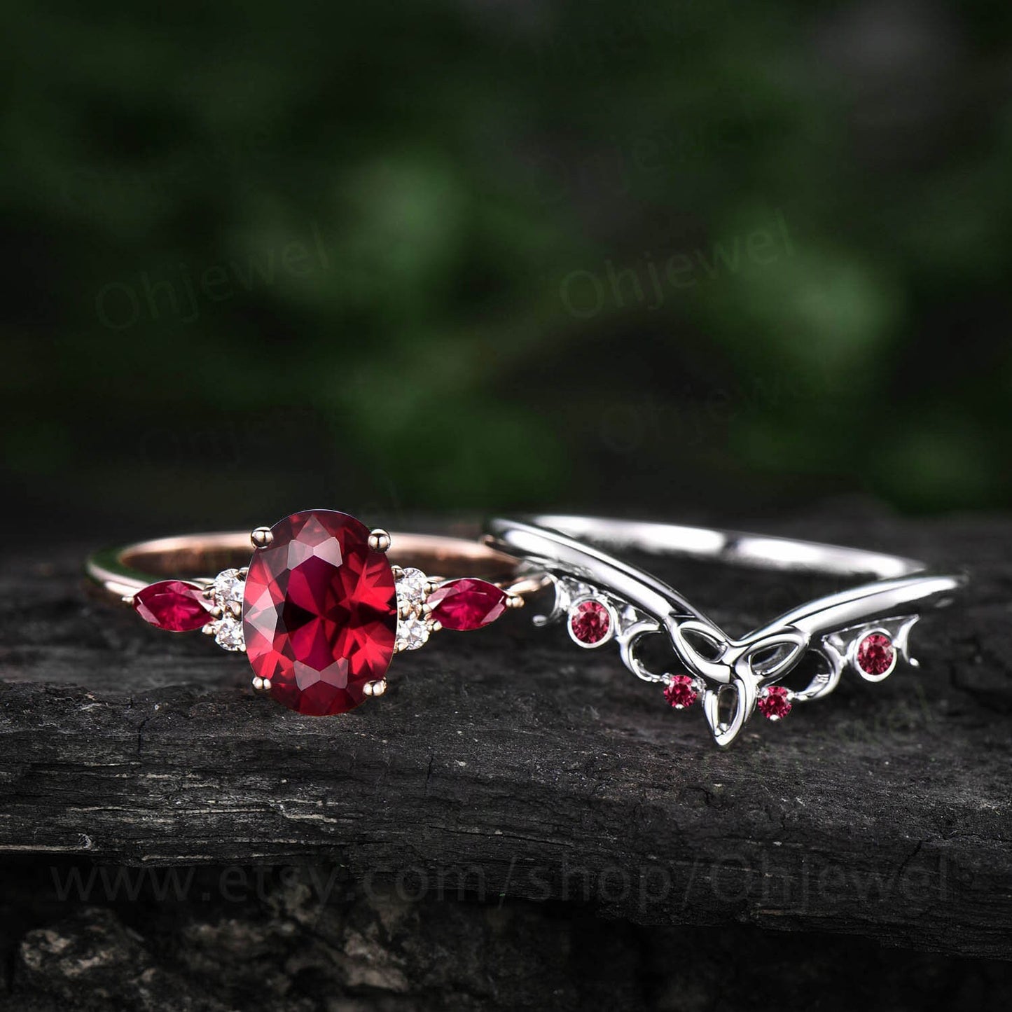 Oval cut red ruby ring vintage unique engagement ring set rose gold cluster marquise cut ruby jewelry anniversary wedding ring women gift