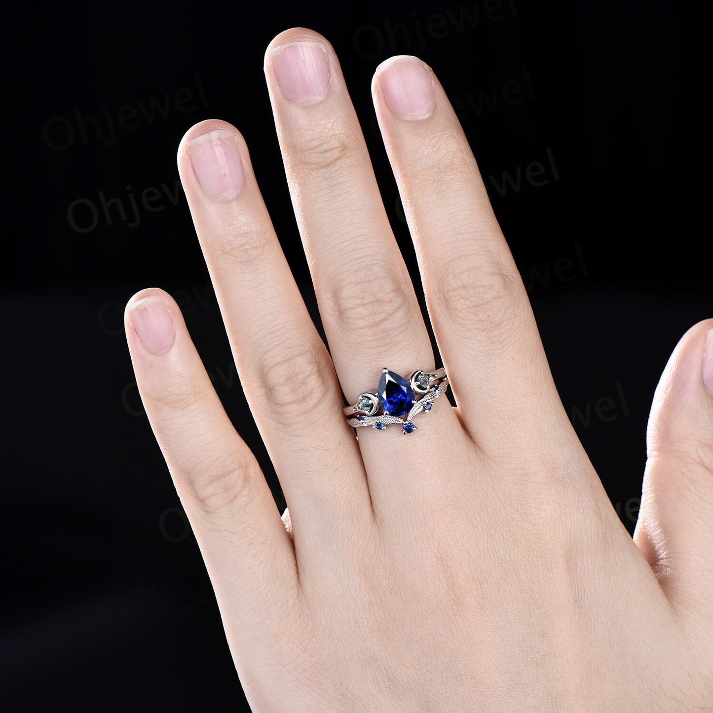Vintage pear blue sapphire engagement ring white gold kite moss agate ring moon leaf natural sapphire wedding ring set band women jewelry