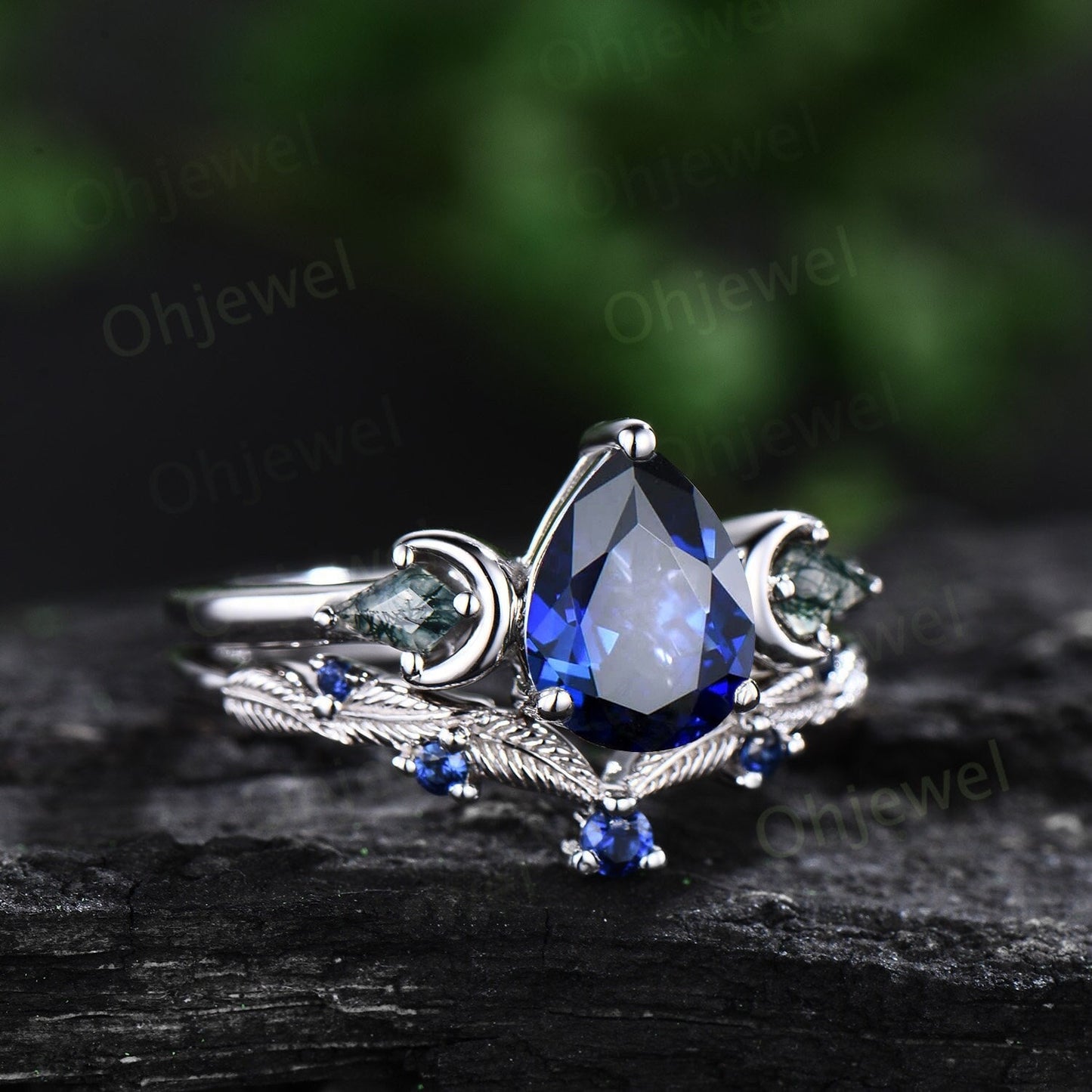 Vintage pear blue sapphire engagement ring white gold kite moss agate ring moon leaf natural sapphire wedding ring set band women jewelry
