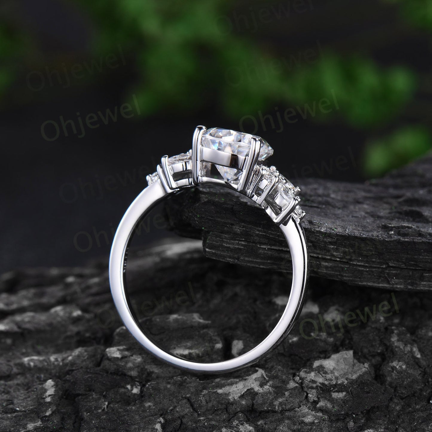 Pear moissanite engagement ring 14k white gold cluster snowdrift diamond ring vintage moon unique bridal wedding ring band set women