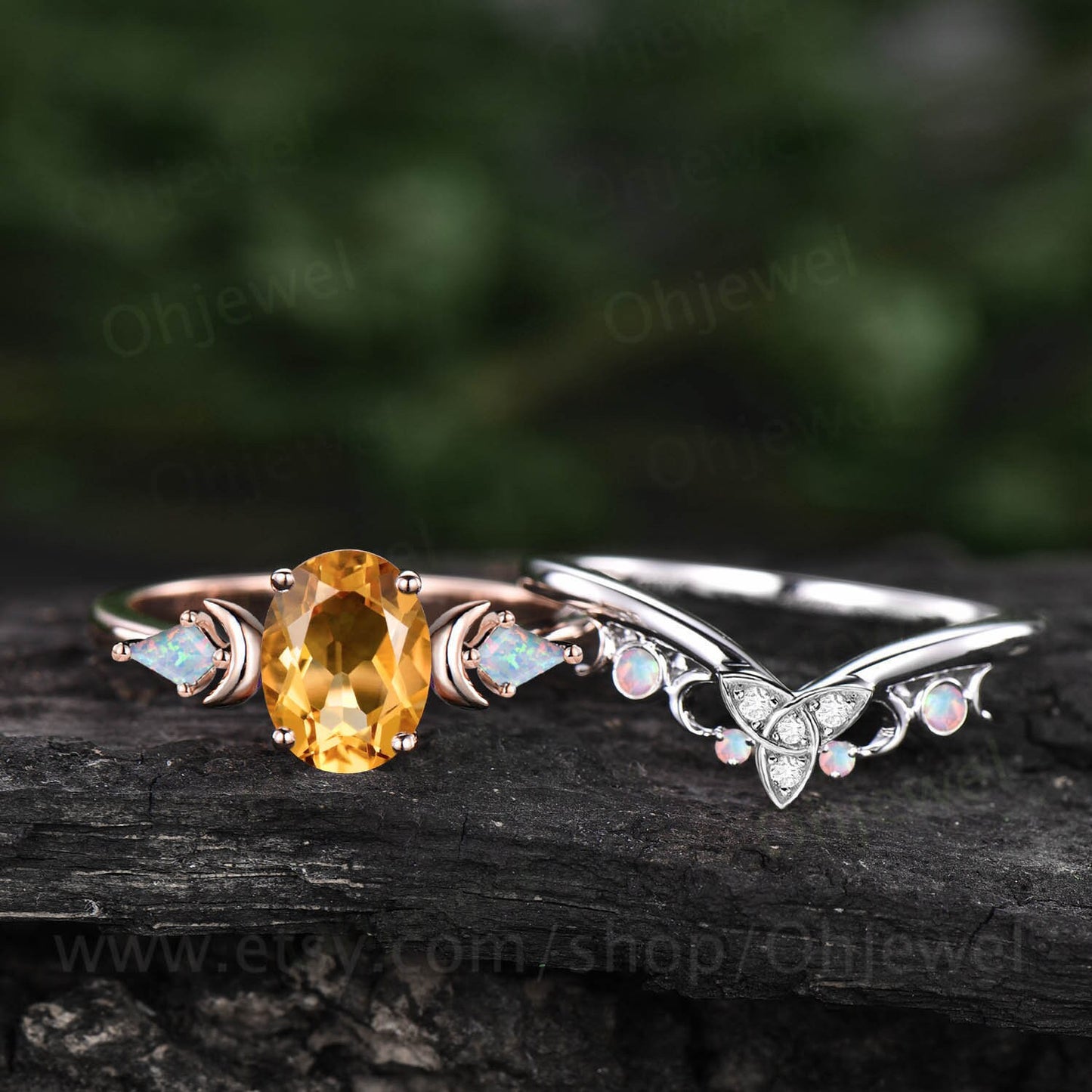 Vintage oval yellow citrine engagement ring Moon kite opal ring 14k rose gold crystal gemstone moissanite anniversary bridal ring set women