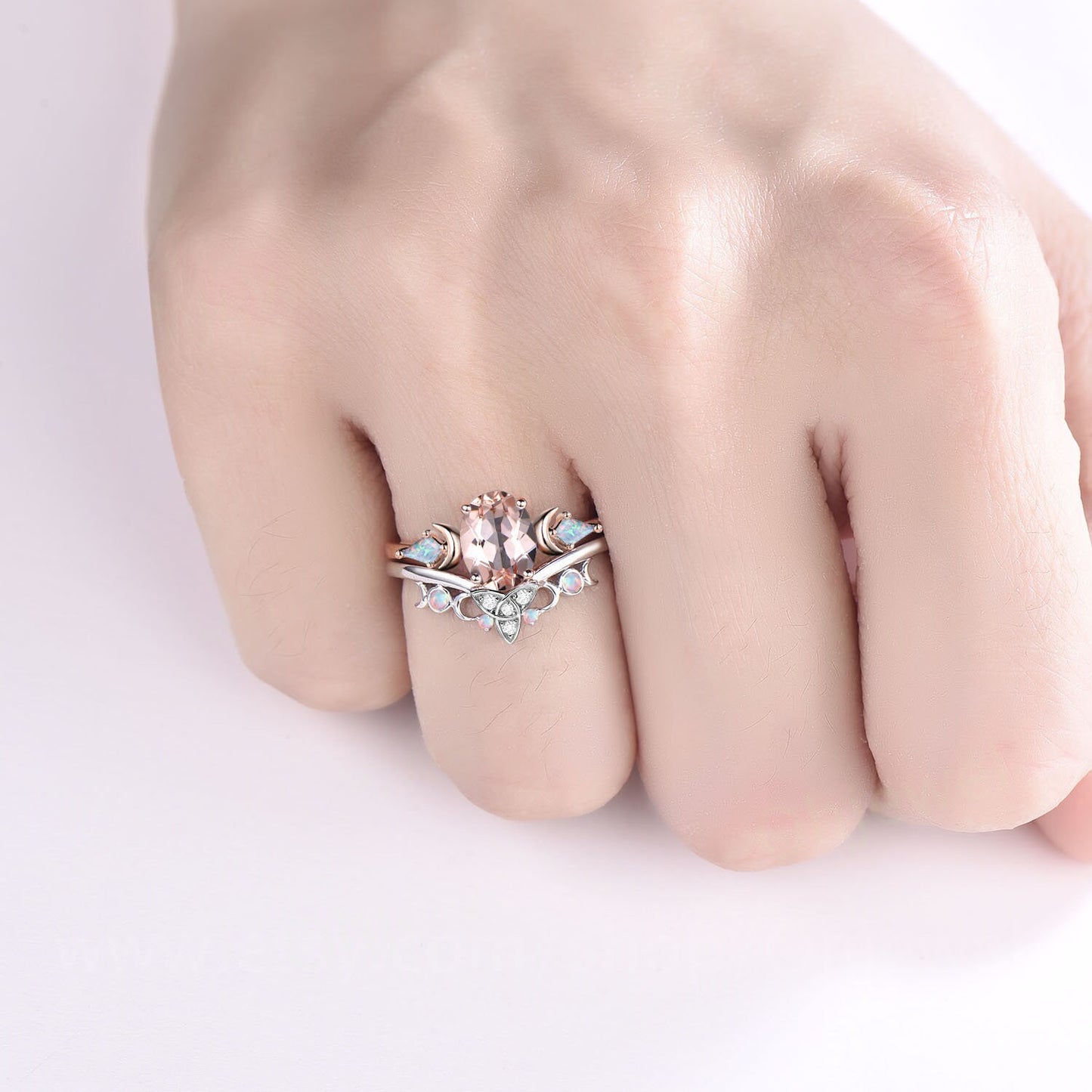 Vintage oval cut morganite engagement ring Moon kite opal ring solid 14k rose gold Crystal gemstone moissanite promise bridal ring set women
