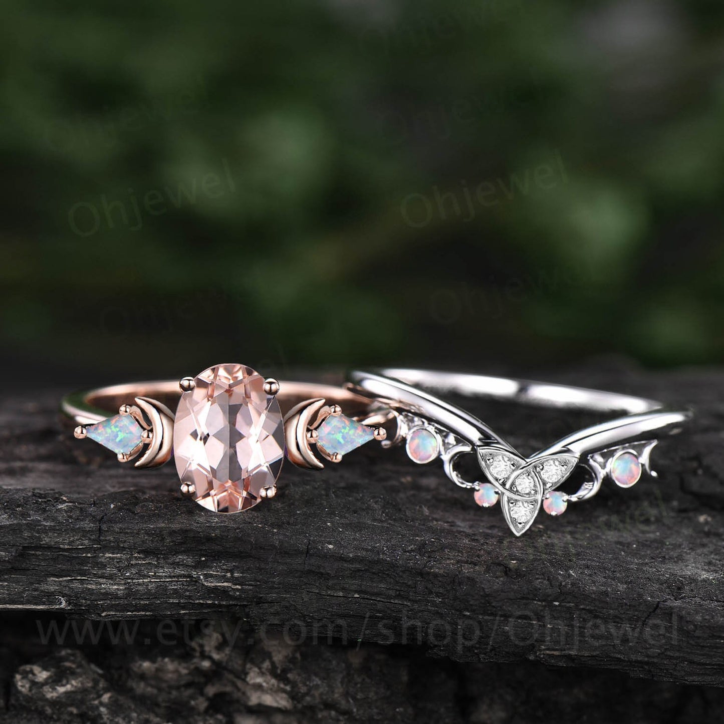Vintage oval cut morganite engagement ring Moon kite opal ring solid 14k rose gold Crystal gemstone moissanite promise bridal ring set women