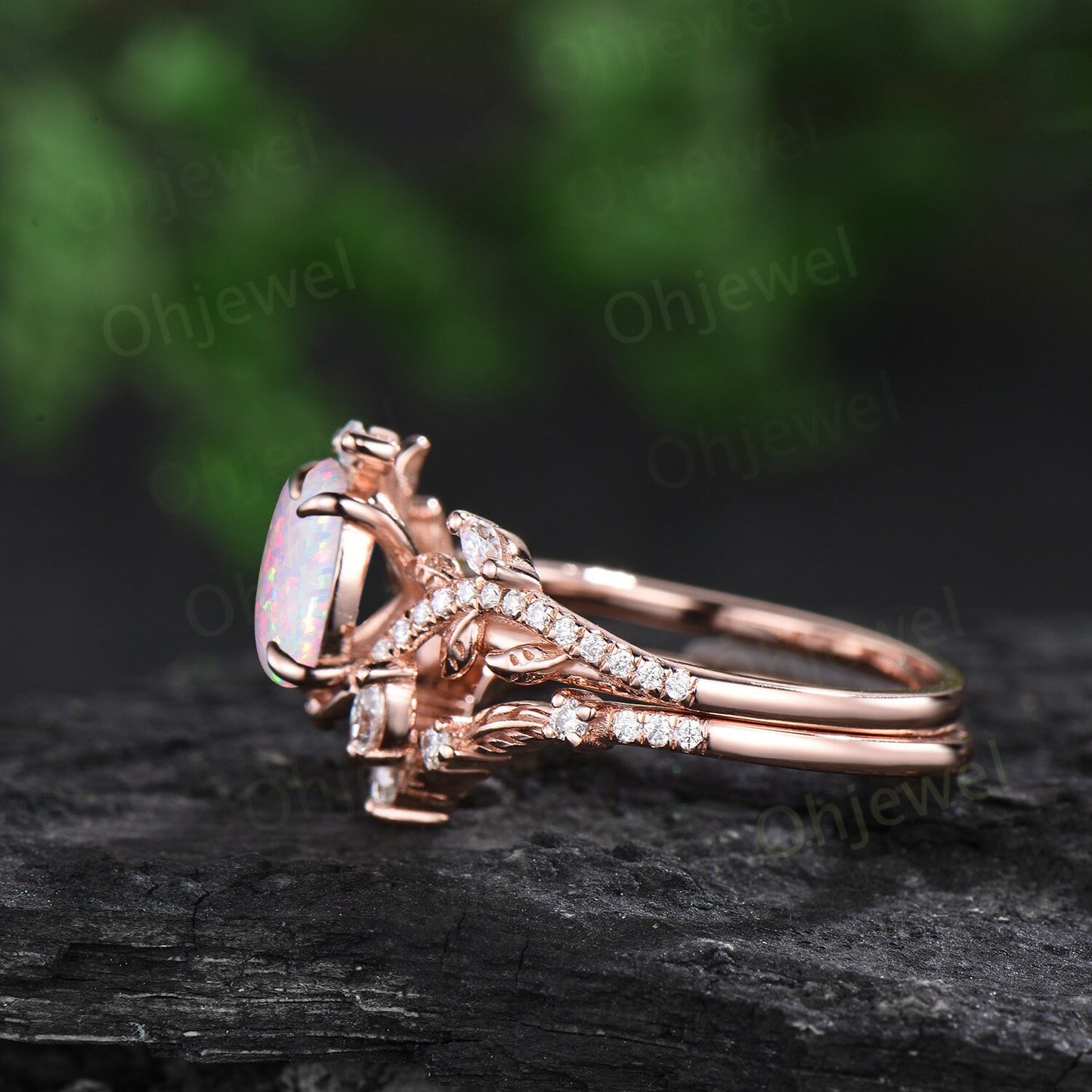 Oval white opal ring vintage rose gold leaf nature inspired unique engagement ring half eternity diamond anniversary ring set gift for women