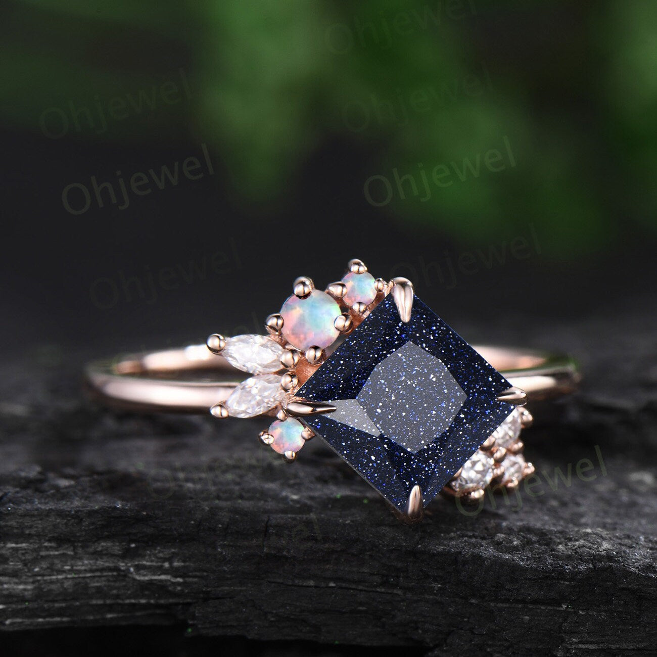 Princess cut blue sandstone ring vintage rose gold unique cluster engagement ring art deco diamond opal wedding anniversary ring gift