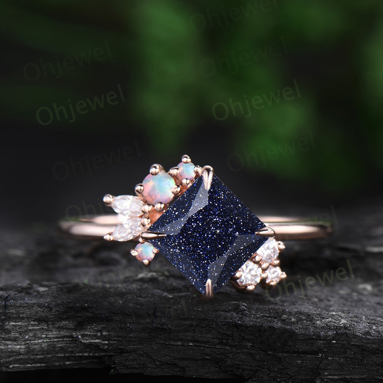Princess cut blue sandstone ring vintage rose gold unique cluster