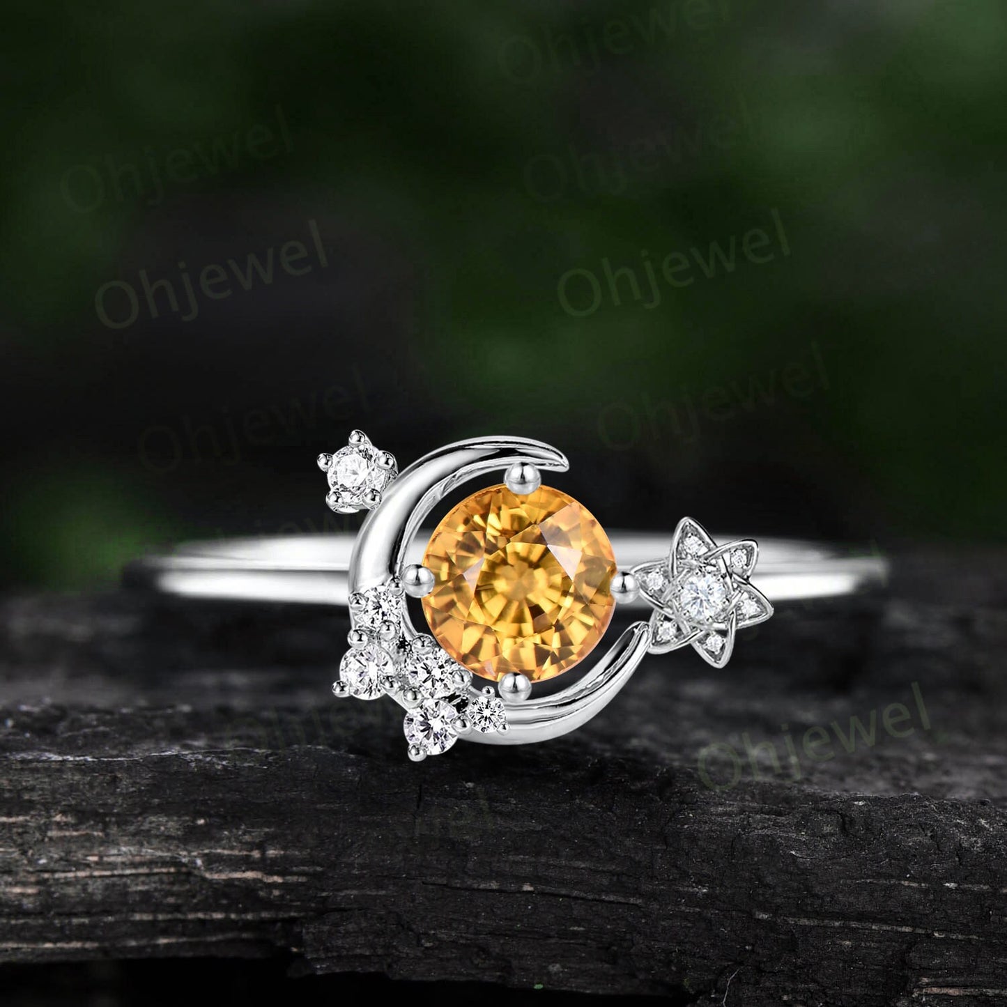 Round cut natural yellow sapphire ring vintage moon engagement ring gold cluster diamond ring women dainty bridal anniversary ring gift