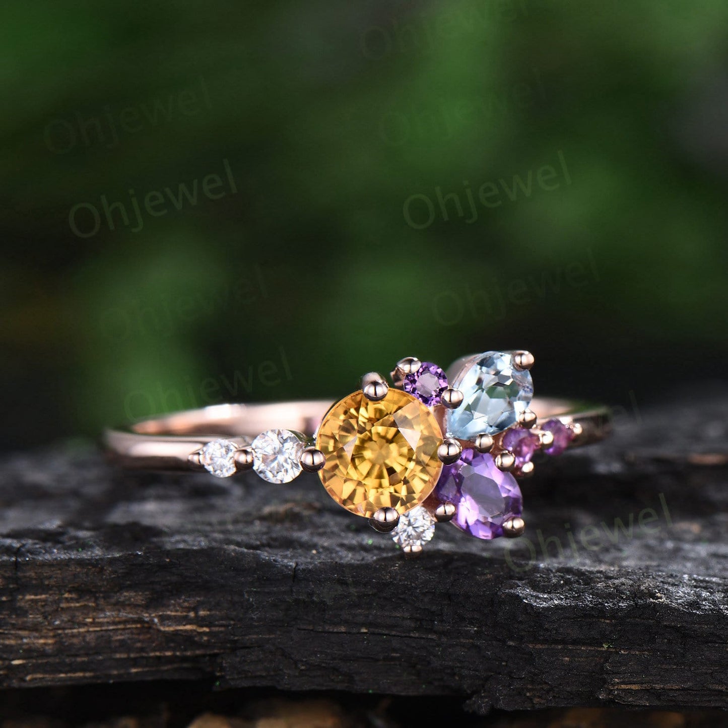 Dainty round natural yellow sapphire ring cluster amethyst aquamarine diamond ring rose gold unique engagement ring women anniversary gift
