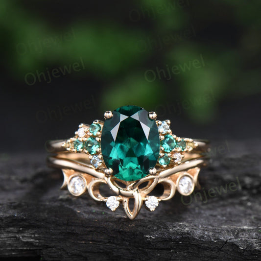 Vintage oval cut emerald engagement ring set solid 14k rose gold cluster snowdrift peridot topaz ring women gemstone ring unique bridal ring