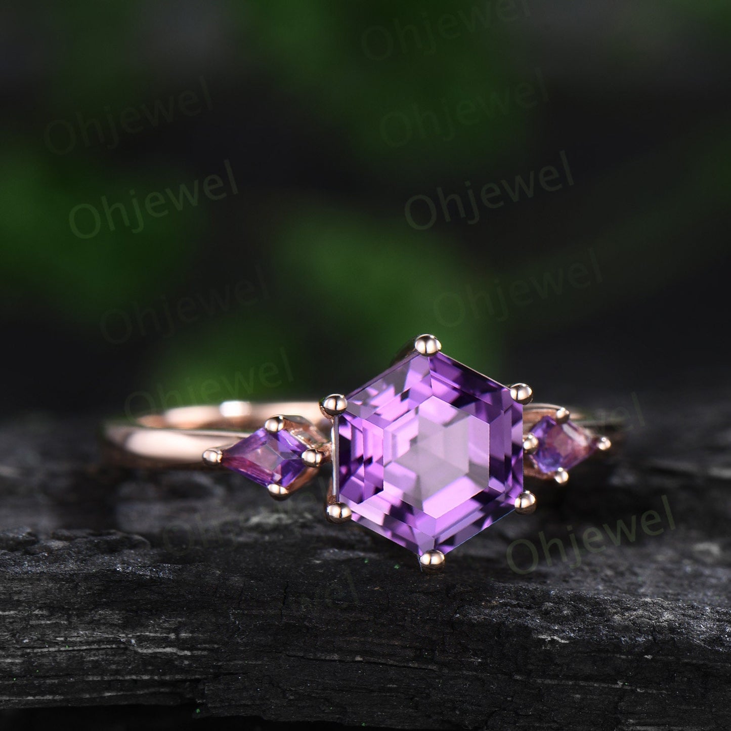 Hexagon cut purple amethyst ring rose gold kite three stone unique engagement ring minimalist moissanite anniversary ring set gift for women