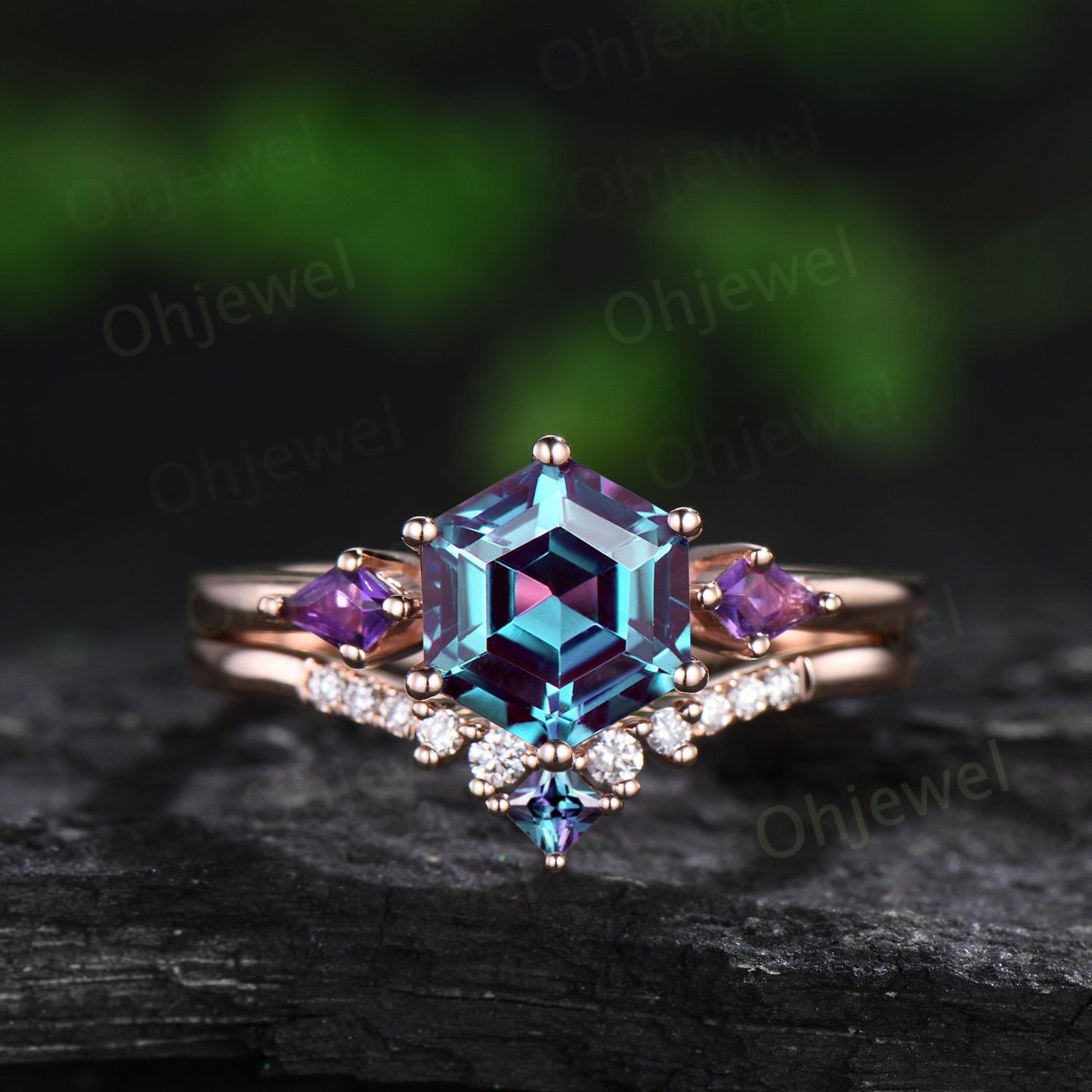 Hexagon cut alexandrite ring vintage rose gold three stone unique engagement ring kite amethyst ring women promise bridal ring set jewelry
