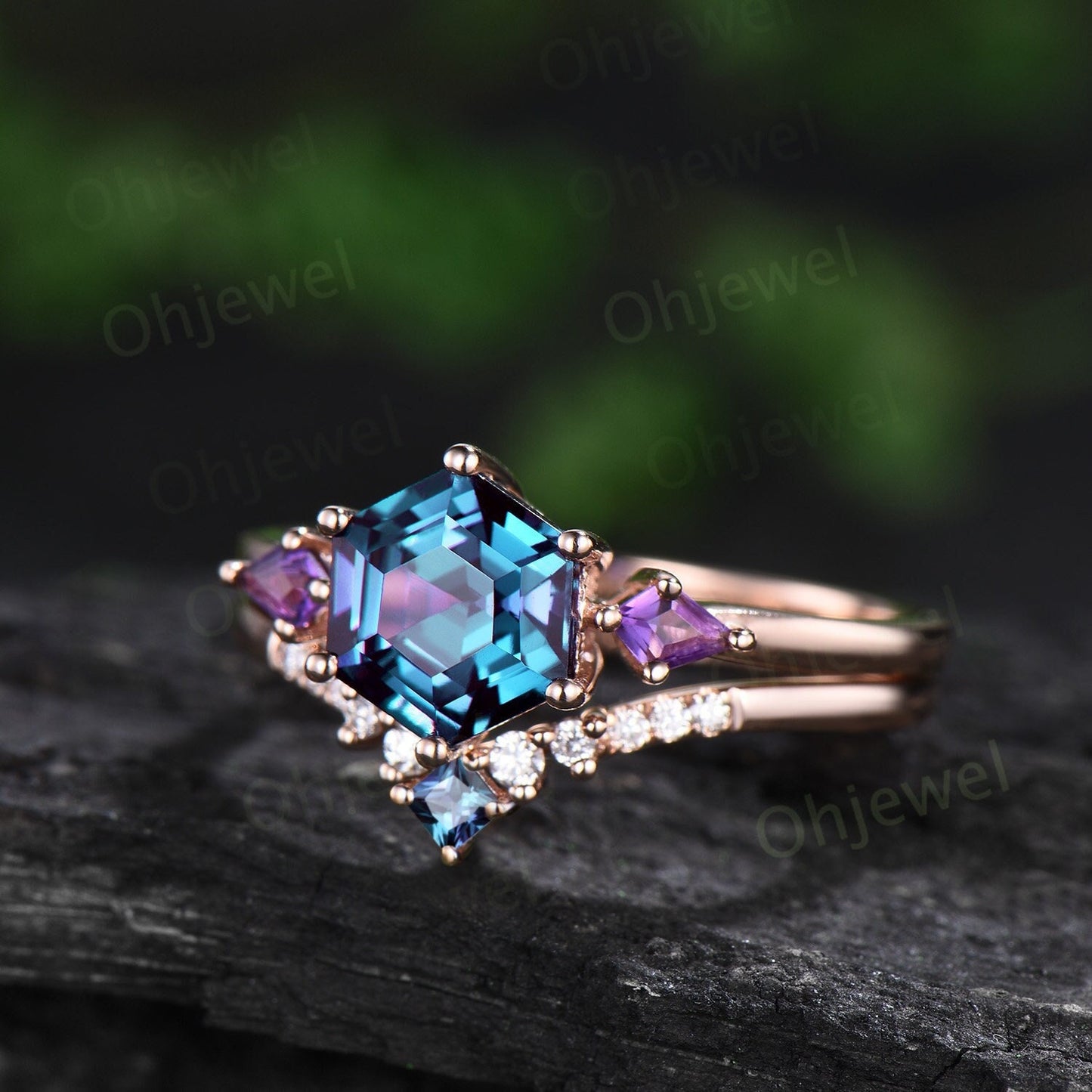 Hexagon cut alexandrite ring vintage rose gold three stone unique engagement ring kite amethyst ring women promise bridal ring set jewelry