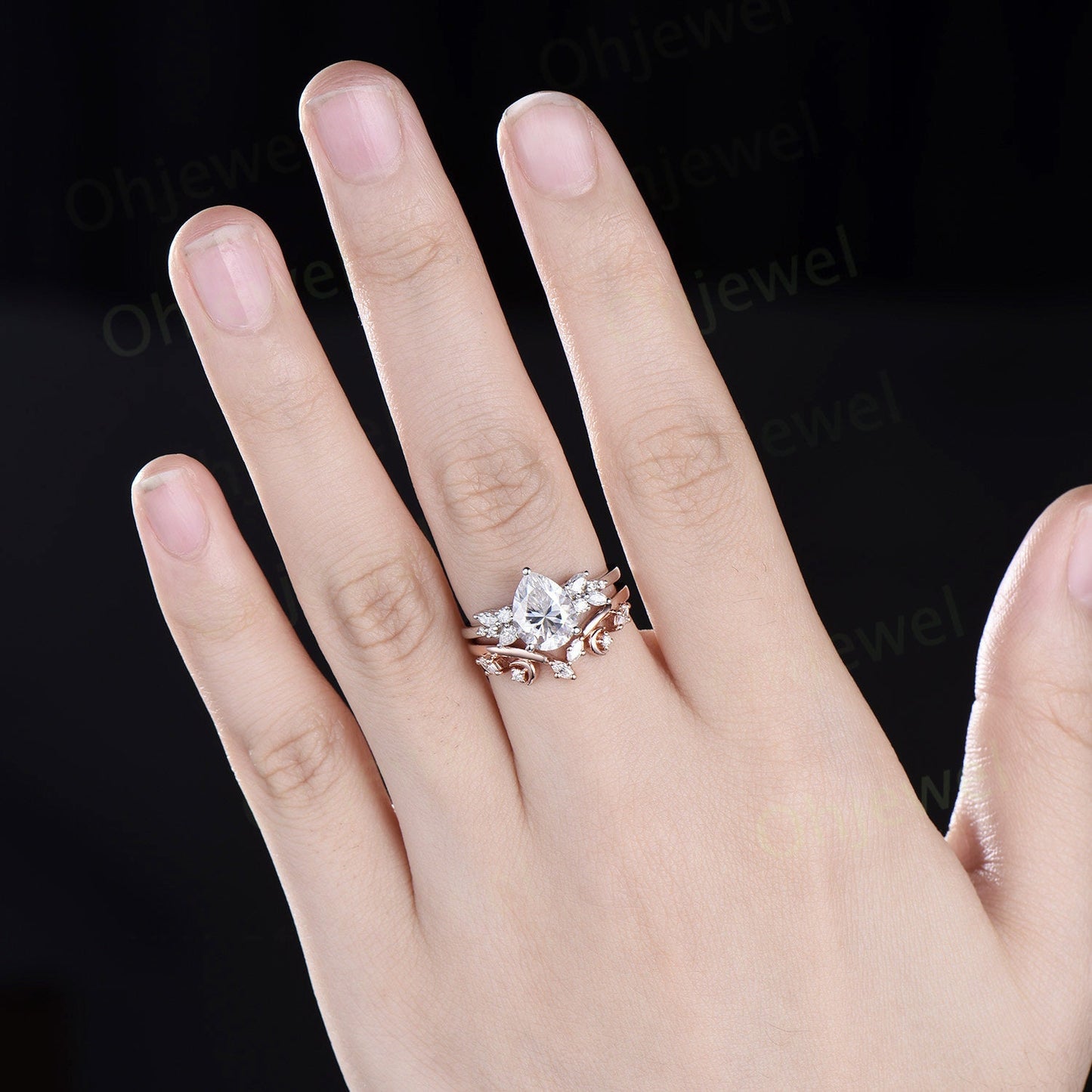 Pear moissanite engagement ring 14k white gold cluster snowdrift diamond ring vintage moon unique bridal wedding ring band set women